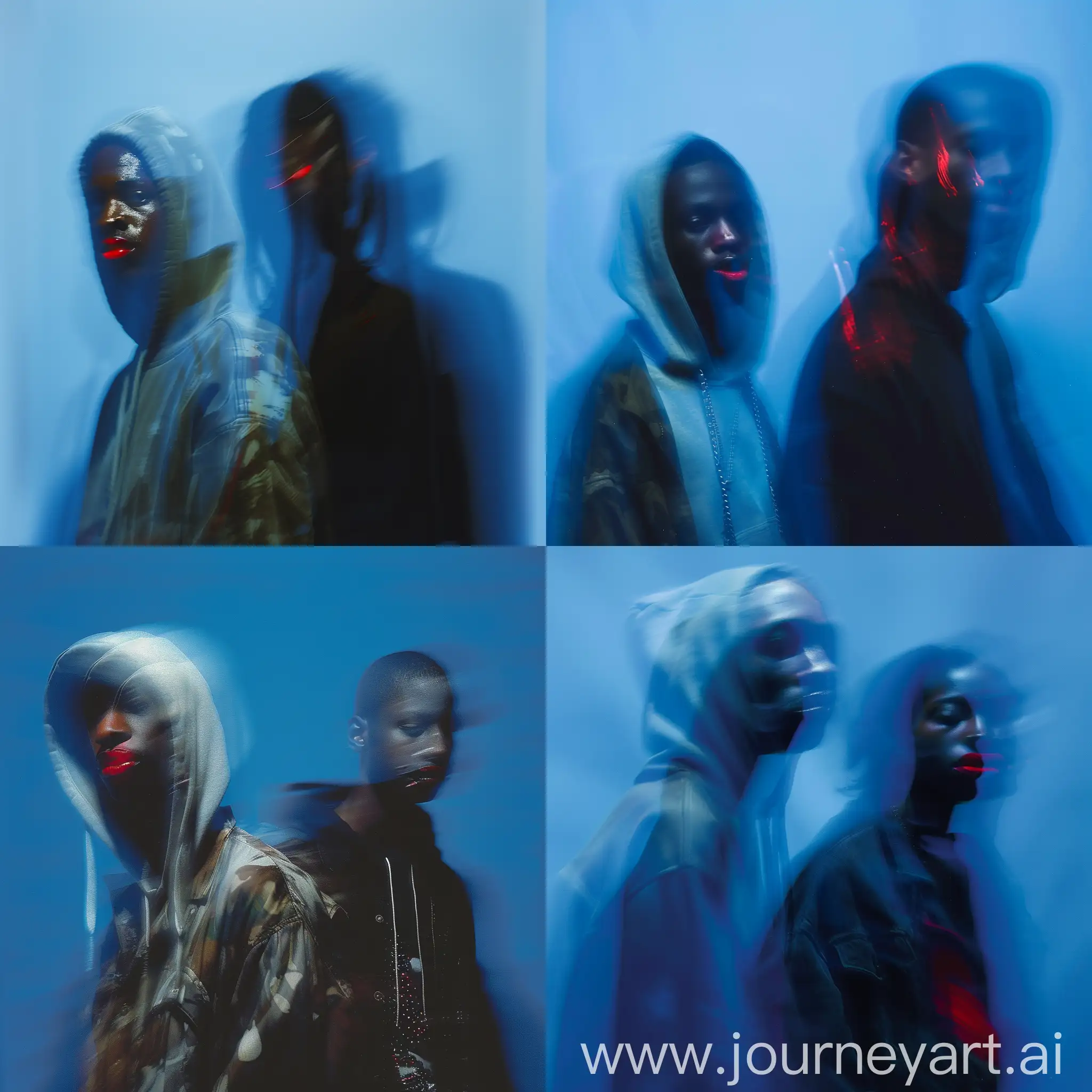Create image image, two blurred black men figures are depicted against a blue background. The motion blur creates a ghostly, ethereal effect, with facial features and clothing details obscured. One figure in the foreground appears to be wearing a hip hop clothes and hoody in a light color, contrasting with the second figure, which is in a darker outfit. The lighting and blur lend a mysterious, almost haunting quality to the scene. Many acid colors red lipswtic black women