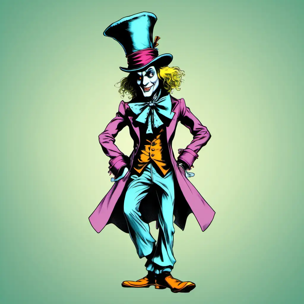 an image of a mad hatter, full body head to toe in a walking position, with a friendly face, similar to alice in wonderland in cartoon anime style