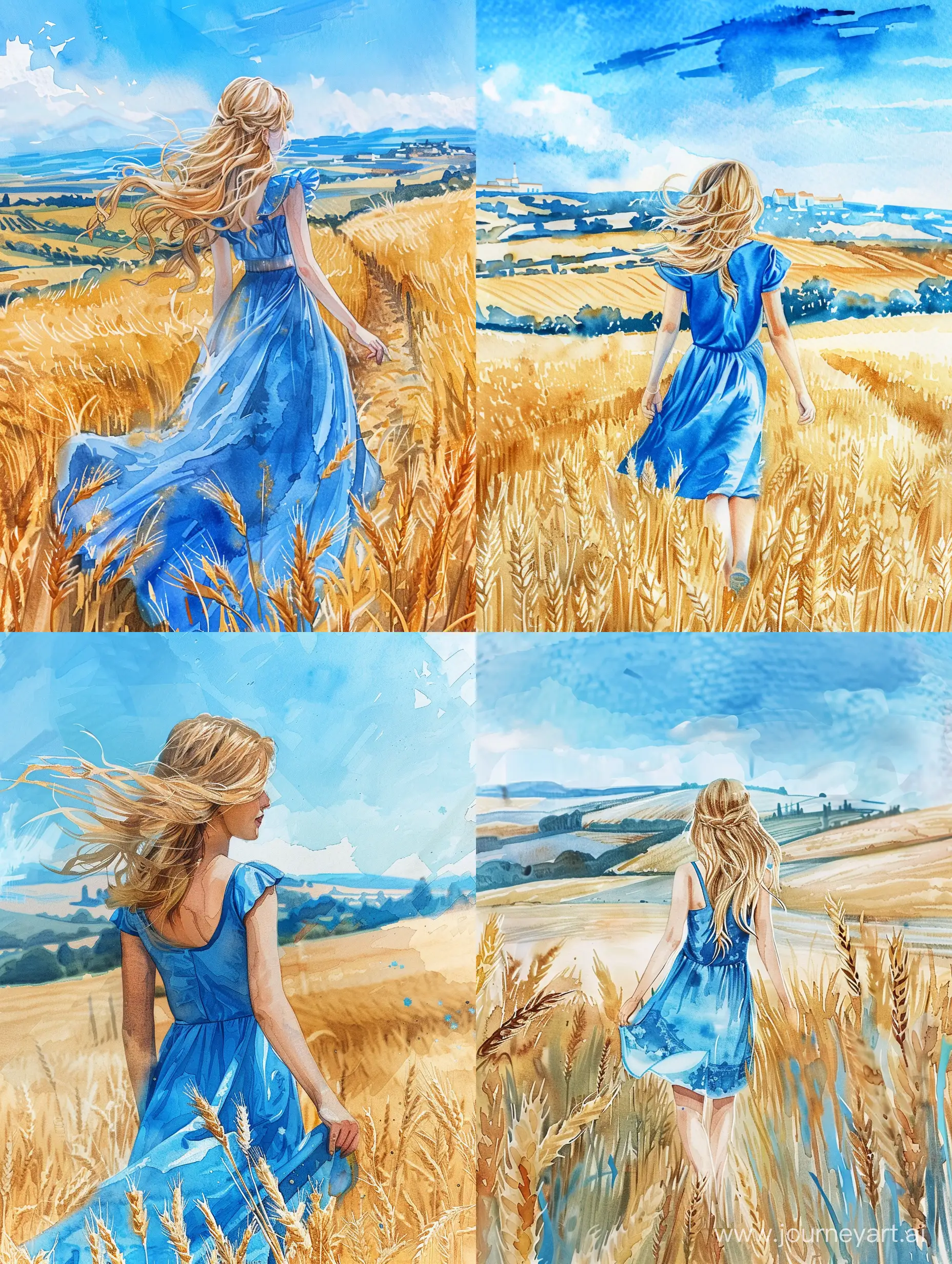 невероятно красивая девушка в полный рост, с русыми волосами, в синем платье идет по пшеничному полю, красивый пейзаж на фоне, синее небо, высокое разрешение, эстетично, красиво, яркое освещение, акварель