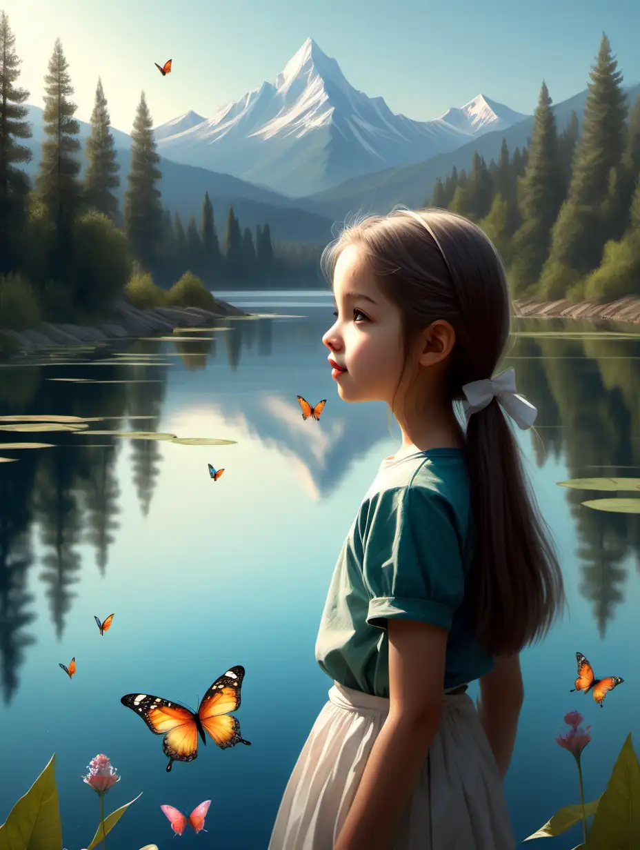 нарисуй мне умиротворение , девушка умиротворенная , которая видит вокруг себя природу , и наслаждается ею , видит бабочек , горы в далеке , рядом озеро в котором плавают рыбки 
