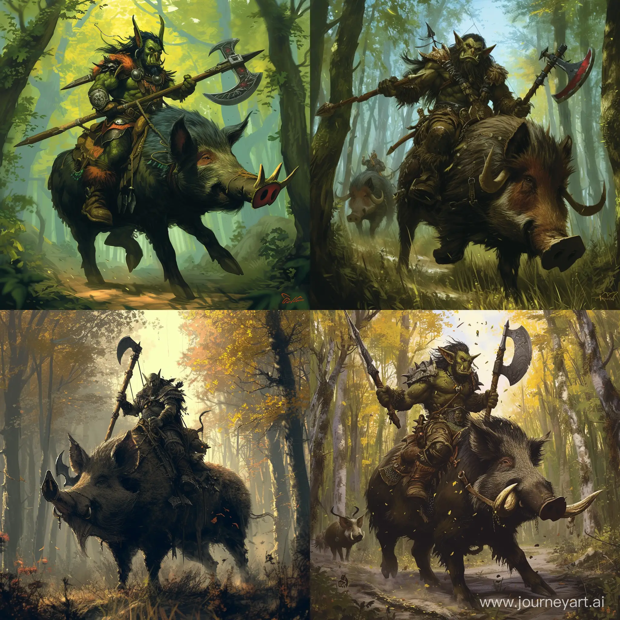 an orc rider armed with a halberd mounted on a wild boar in a forest