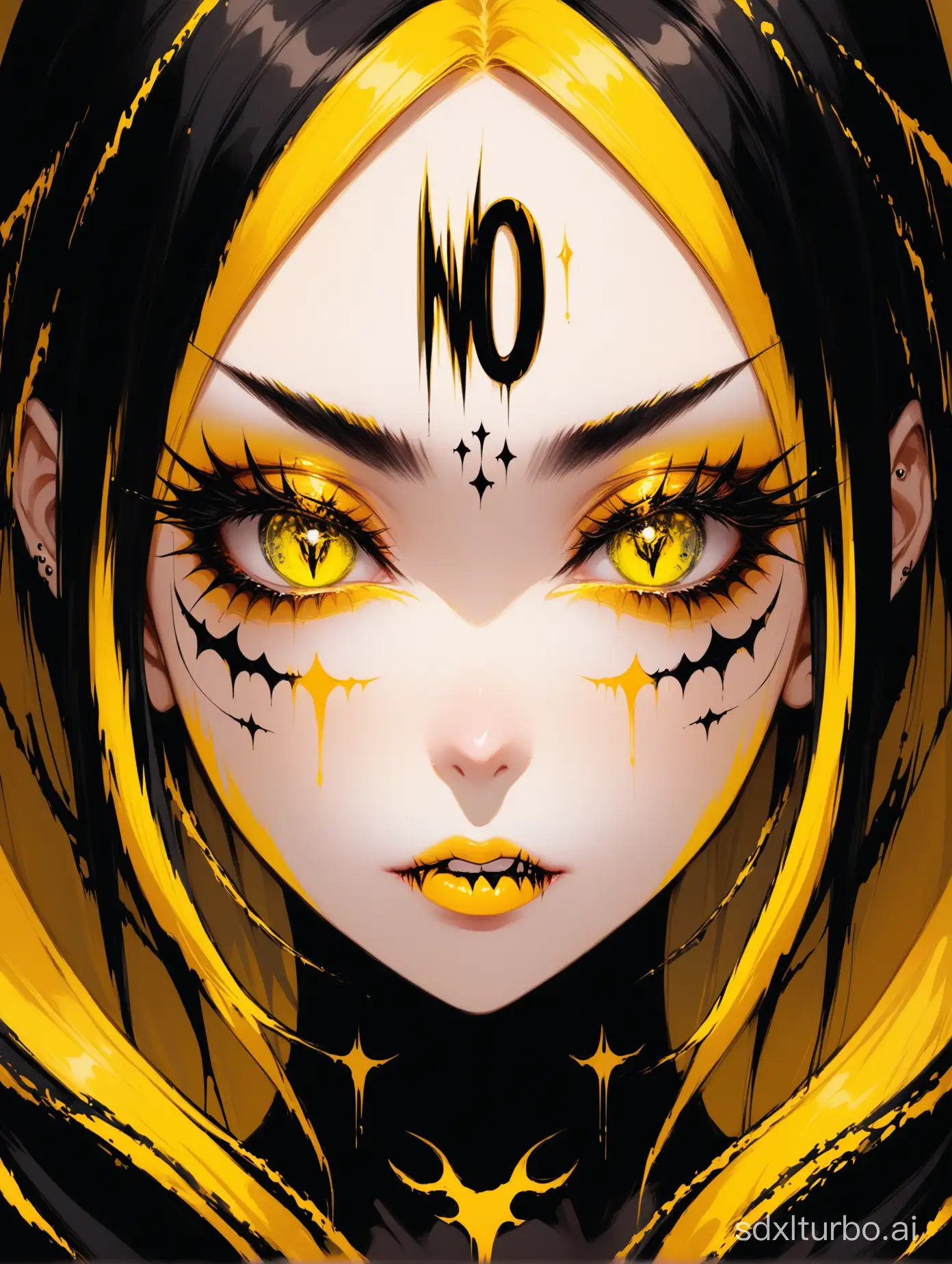 fantasy, abstraction, demonic girl, she has different contact lenses, inscription "NO" throughout face, black and yellow colors, spectacular, beautiful, aesthetics