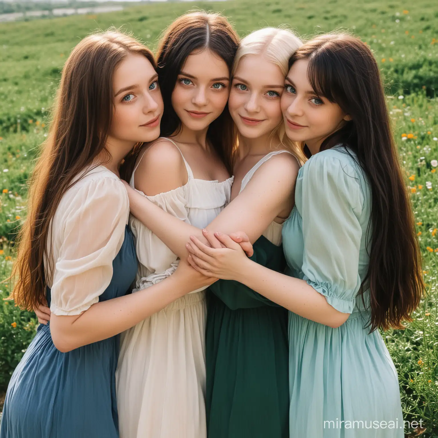 Four Sisters Embracing in SoftColored Dresses