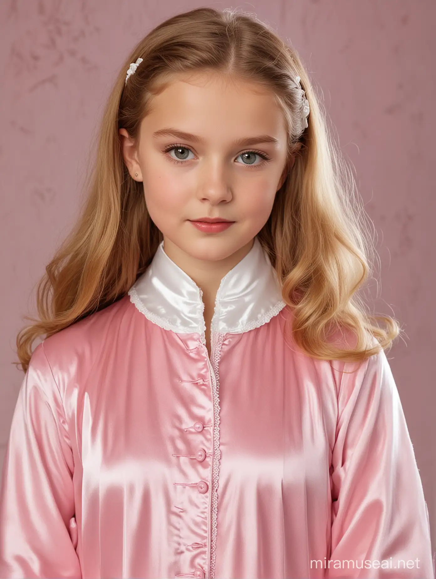a girl wearing a housecoat in gleaming rayon satin, it comes in pink and has a fetching little white collar of ermine rayon velvet