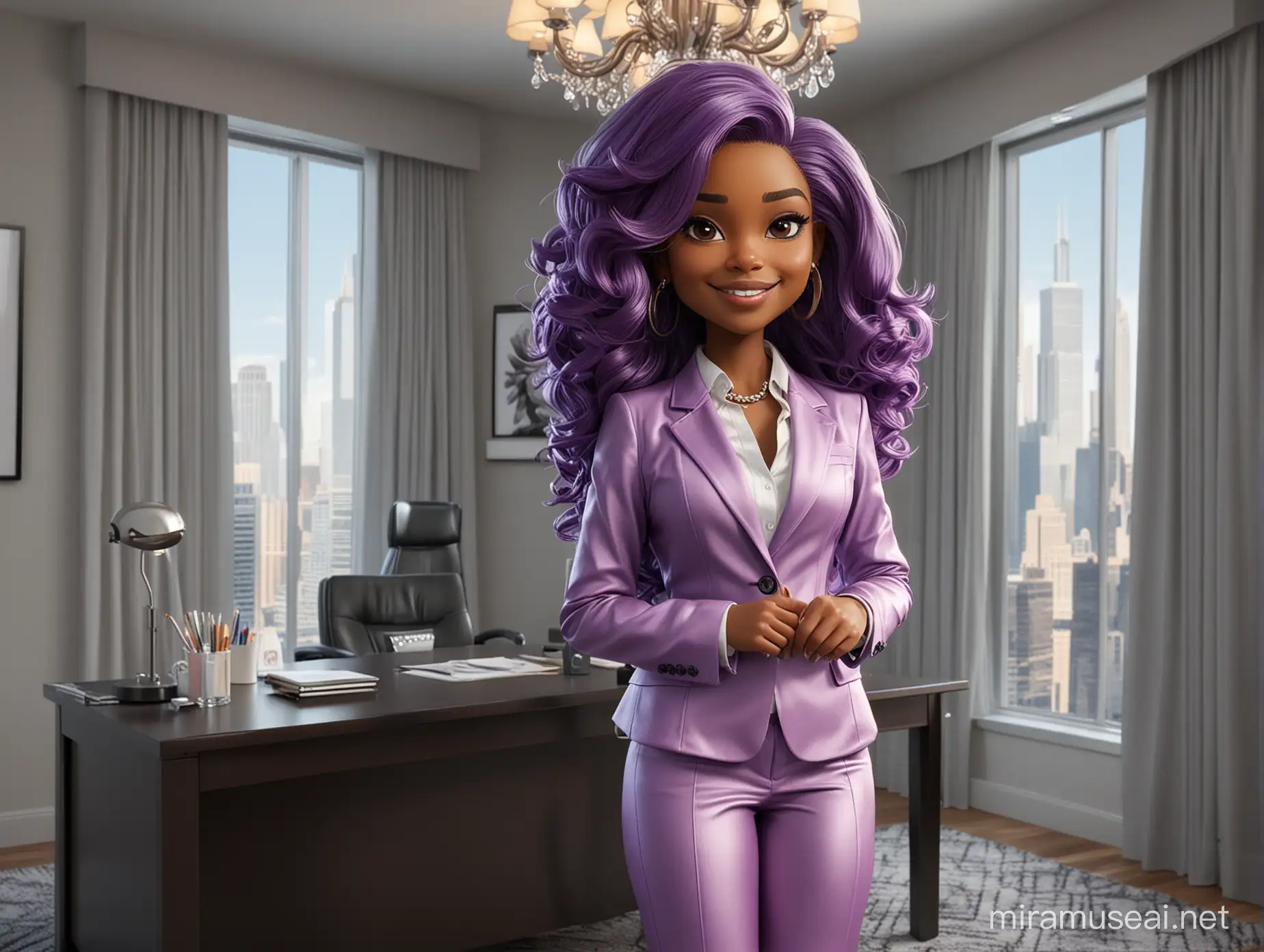 Create a 8k enhance the realism airbrush 300 dpi with 5d chibi-style, professional smiling African American woman working at a. She has long voluminous purple hair, and is wearing a fitted, Chanel purple suit and classic heels. Her makeup features full eyelashes, grey eyeshadow, and glossy lips, complementing her pensive expression as she leans on one hand. Chicago skyscrapers and direct sunlight surrounding her. The artwork has a 10x10 aspect ratio and is set against a intricately detailed office, chandelier and grey curtains designed for clip art usage.