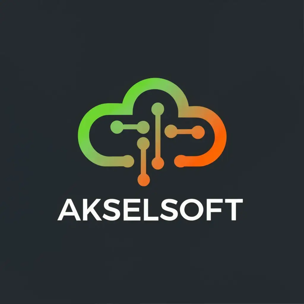 a logo design,with the text "AkselSoft", main symbol:Cloud With Electric Circuits In Orange Green color ,Moderate,be used in Technology industry,clear background