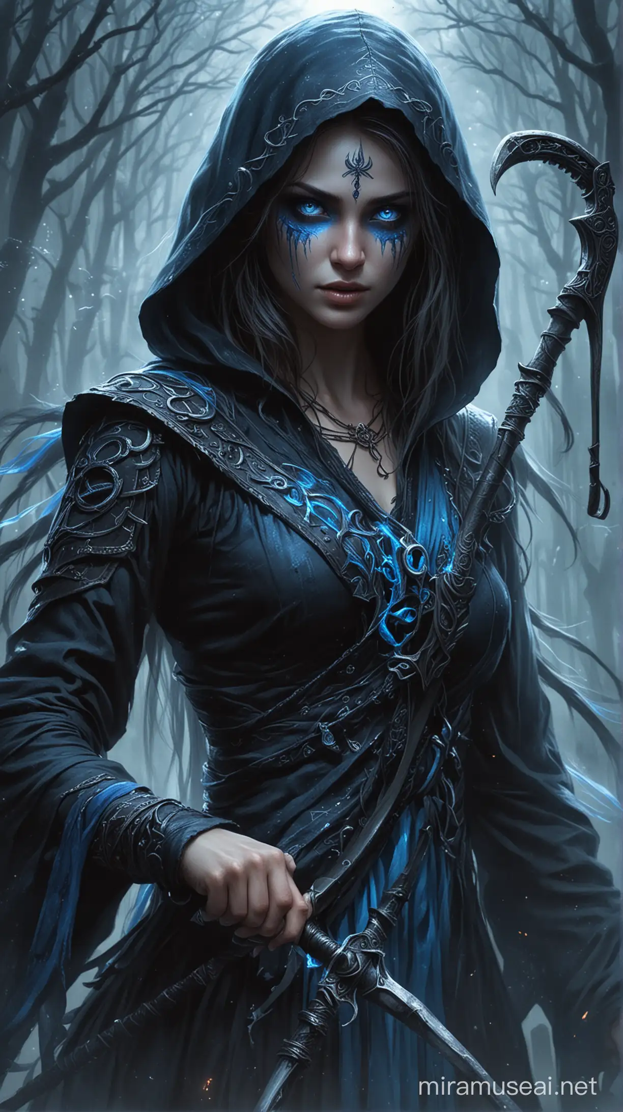 Bringer of death. She is beautiful. She  wears an blue and black dress. She holds a scythe. She has runes on her scythe and face. She has glowing blue magic around. She has glowing blue misty eyes. She wears a face mask and a hood