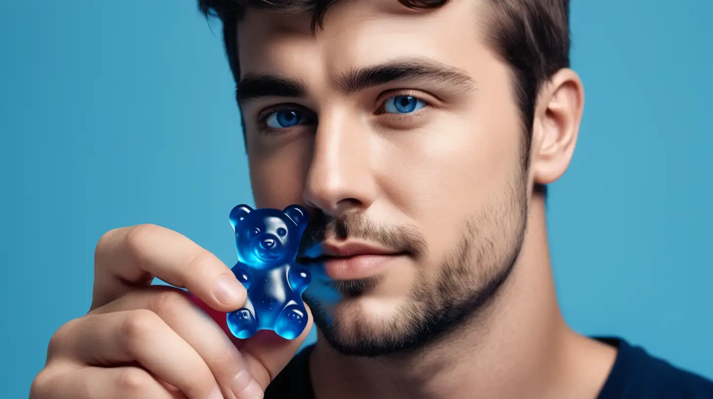 a handsome man holding small blue gummy bear