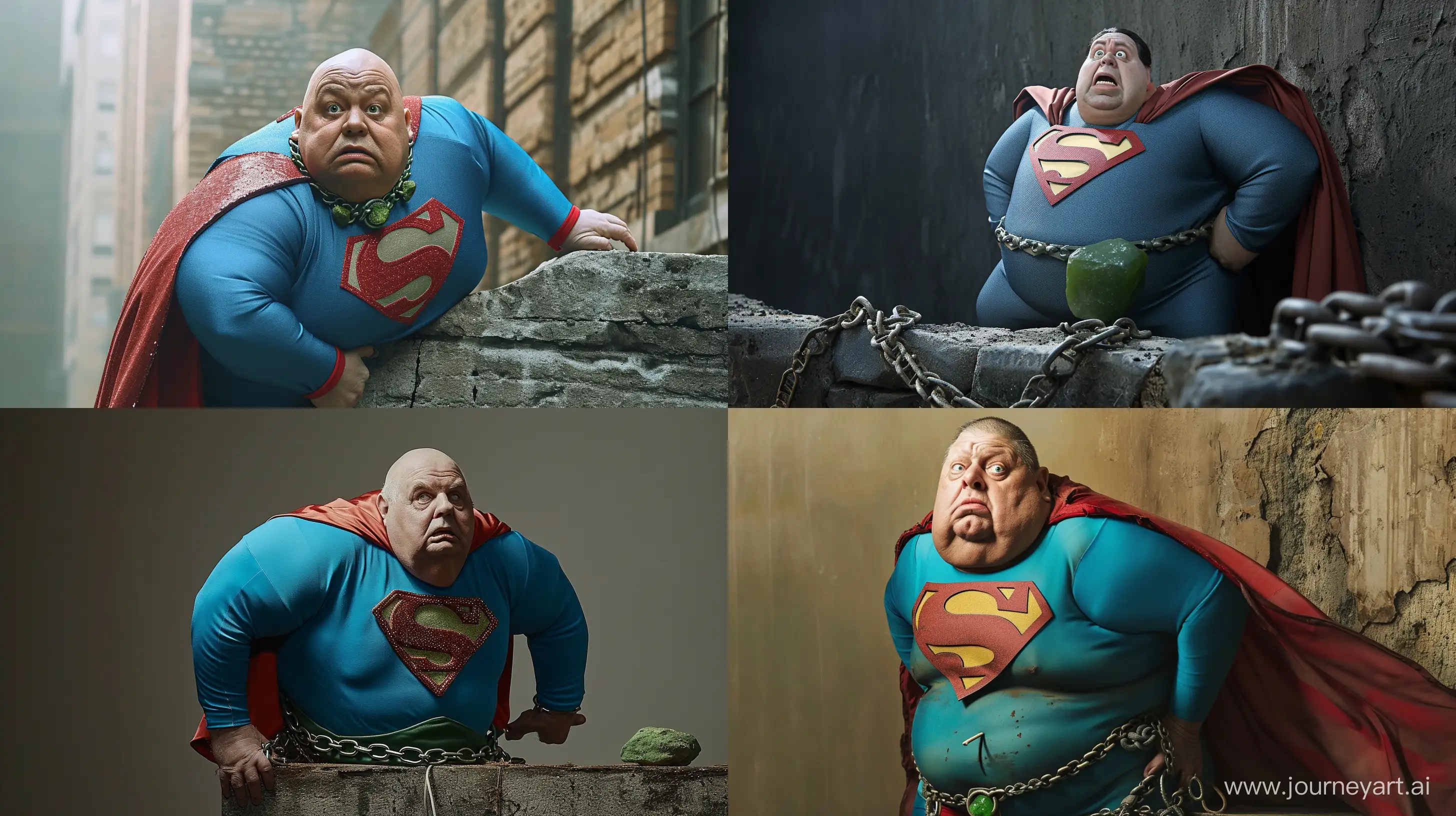 Photo of a chubby man aged 70 back leaning on a wall. He look afraid. He is wearing a slightly shiny bright blue superman costume with a big red cape. He wears a heavy shiny green chain collar with a small green rock. Full body shot. --style raw --ar 16:9 --v 6