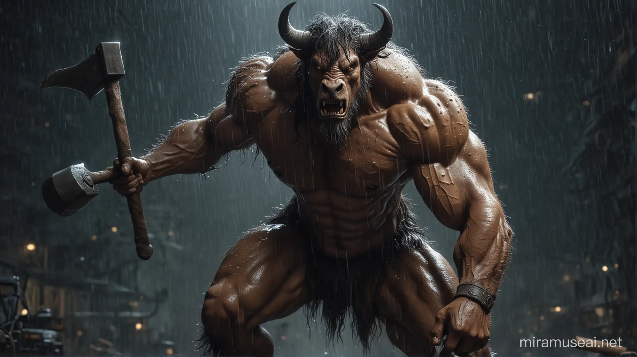 A Centaur, huge physique, very very aggressive, attacking with a hammer, expressive face, detailed eyes, cinematic looks, on a midnight, raining