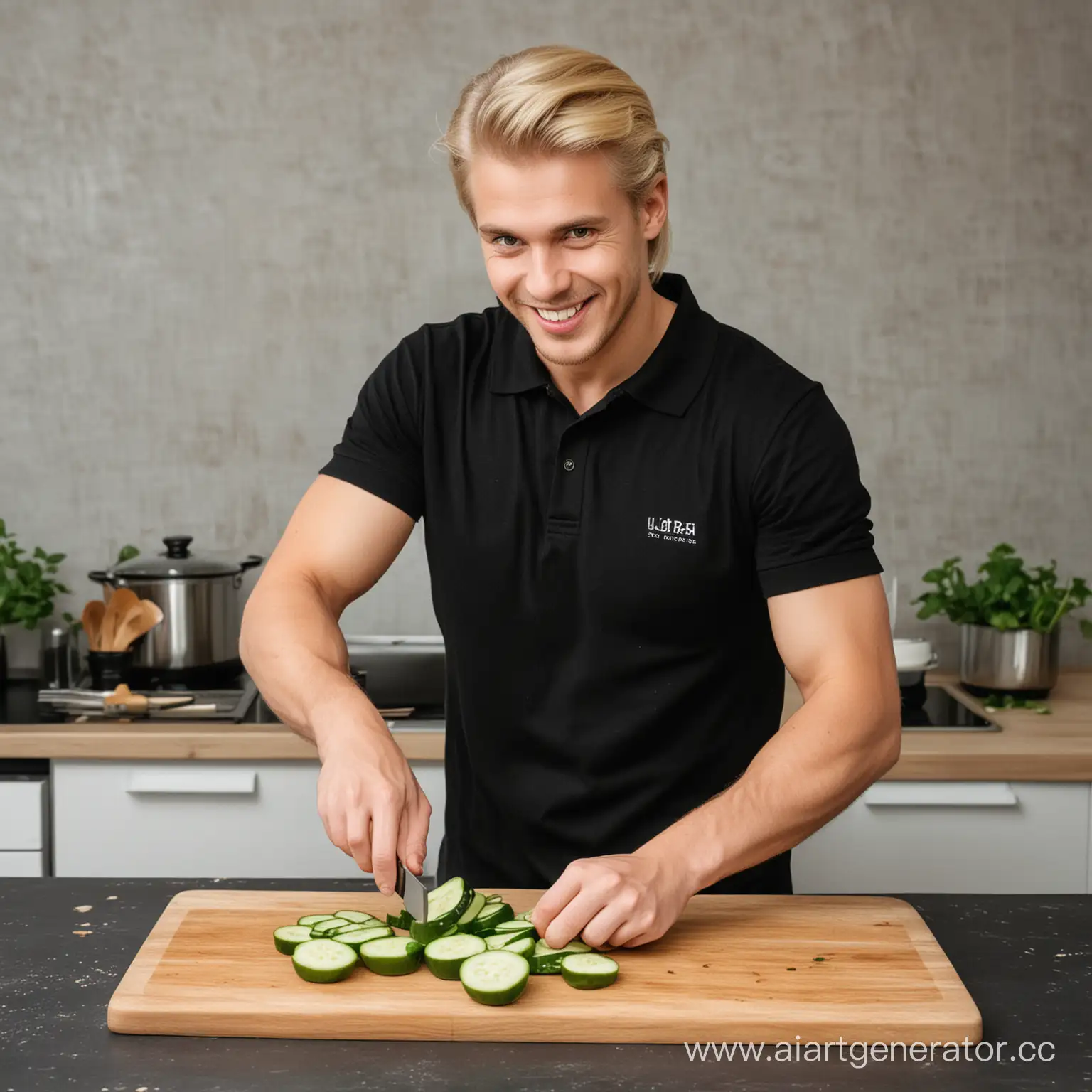 повар со светлыми волосами русский стоит в черной футболке поло улыбается режет на доске огурец 