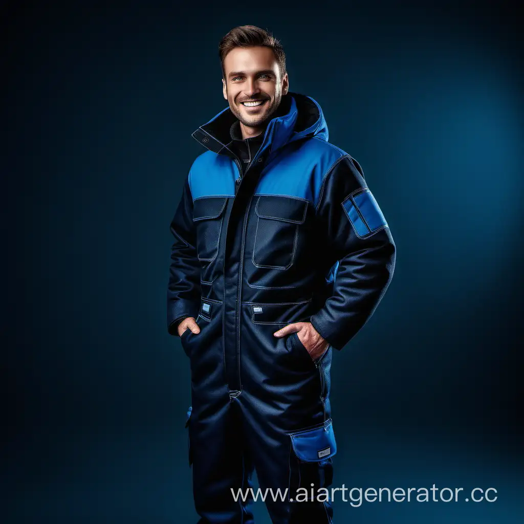 Full-length photo of a strong and handsome man, wearing beautiful very warm insulated workwear in black and blue. He stands with a smile, captured in a front view, full-length view. The image is of 4k quality, with high dramatical lighting that enhances the details and textures of the clothing.