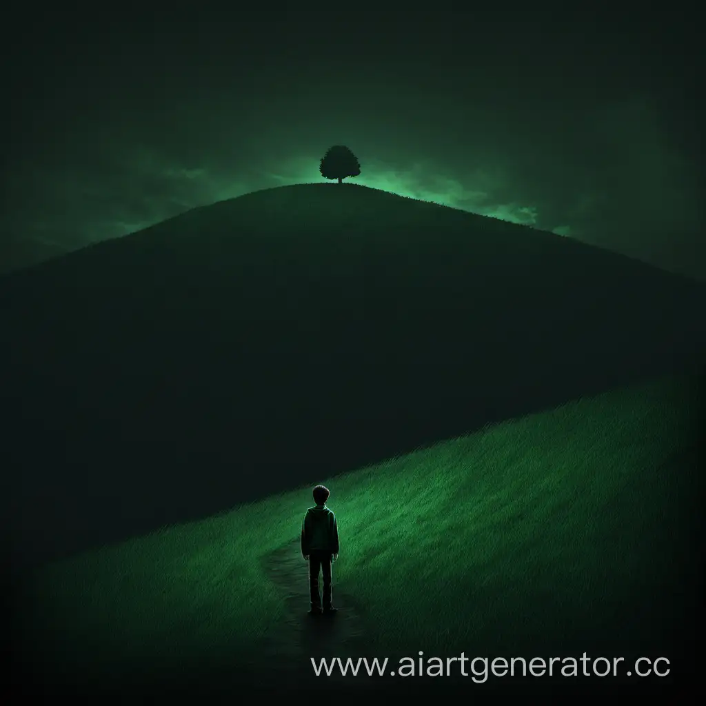 Solitary-Figure-in-Dark-Green-Landscape-on-a-Lonely-Hill