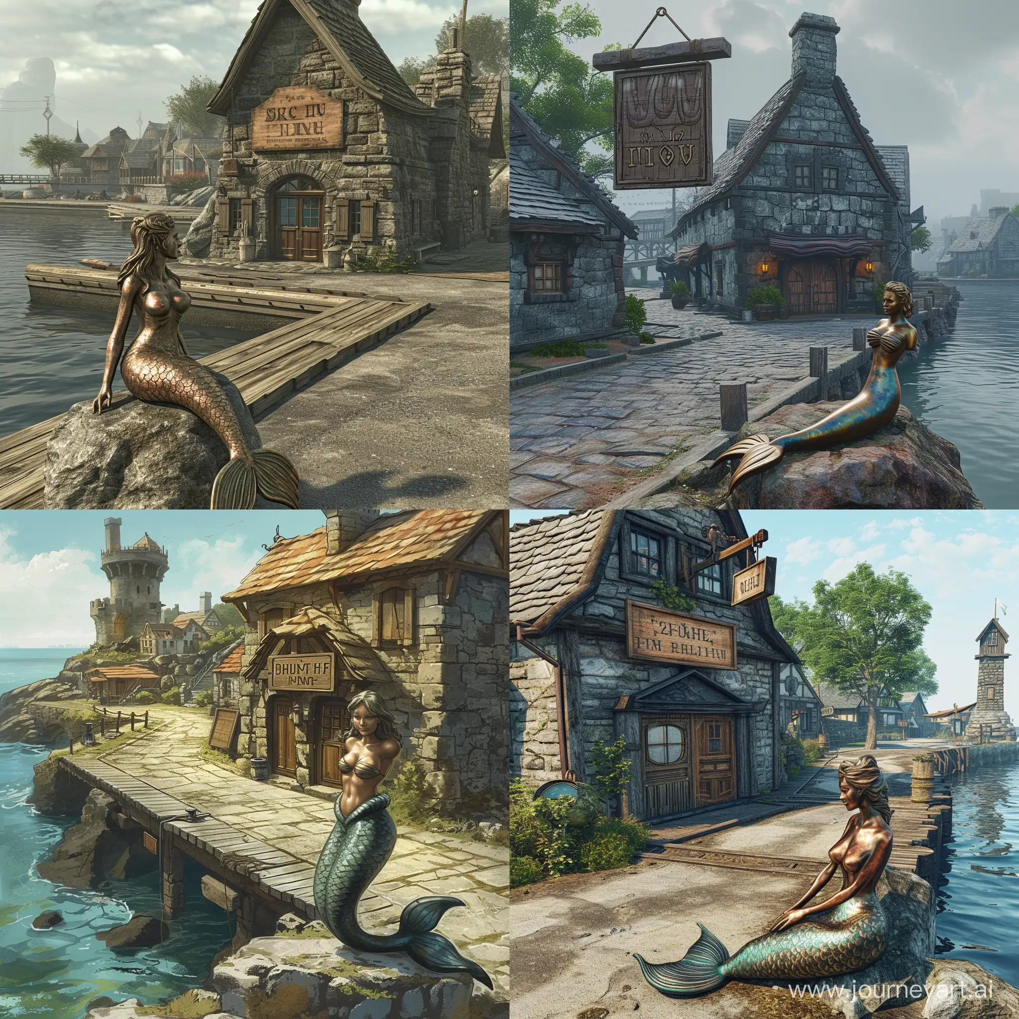 A worn down fantasy stone inn in a large port on docks by the sea. A wooden sign hangs above inn doors, bellow to the side a beautiful topless Bronze mermaid statue. Statue is posed in a sitting on a rock in front of the inn's entrance on dock. There is a wide road between inn and sea. Behind inn and to the side there are more houses. Statues breasts have polished bronze shine. Artistic rulebook image style.