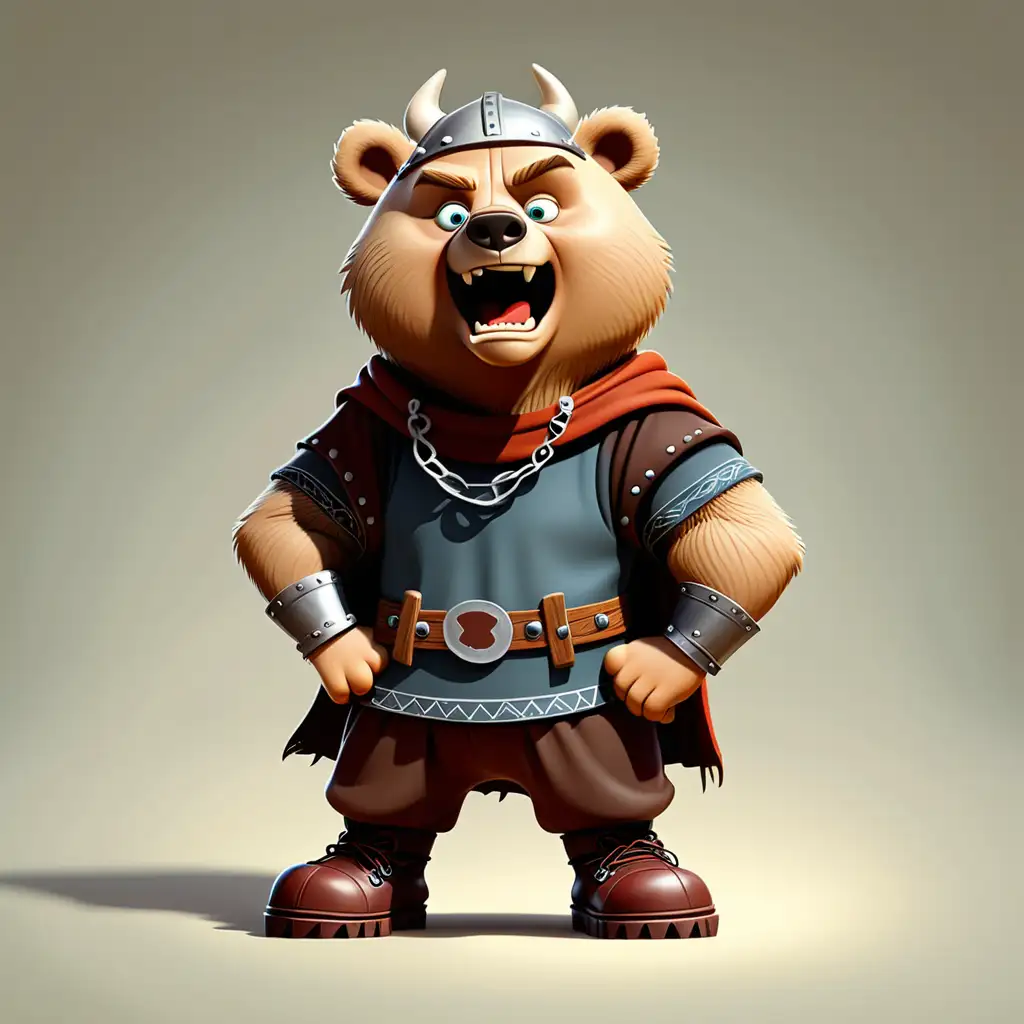 illustrate a funny bear with two foot in cartoon style with viking clothes with boots with clear background