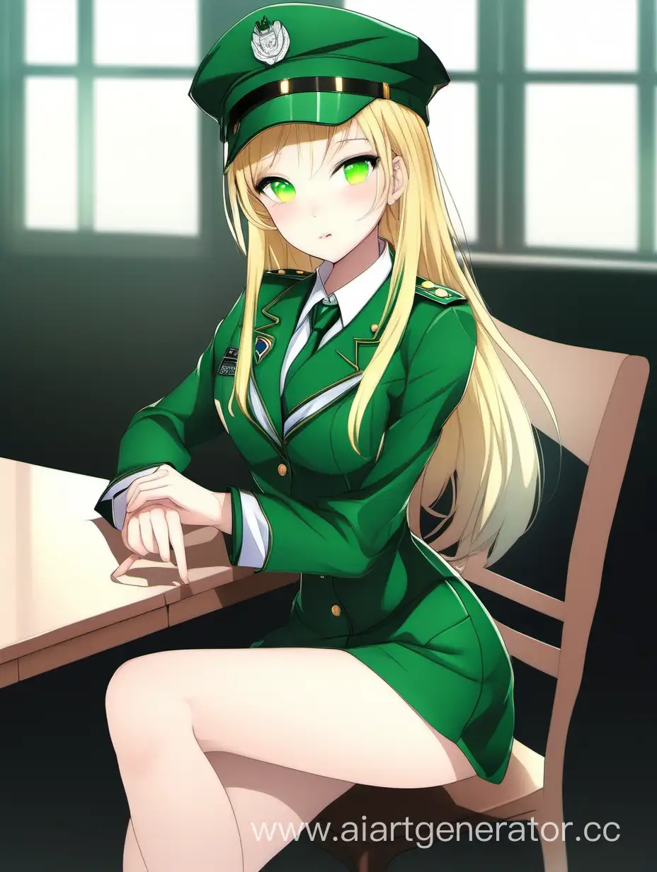 Девушка, зелёная униформа, фуражка,  сидит за столом, блондинка , белая румяная кожа, стройная.