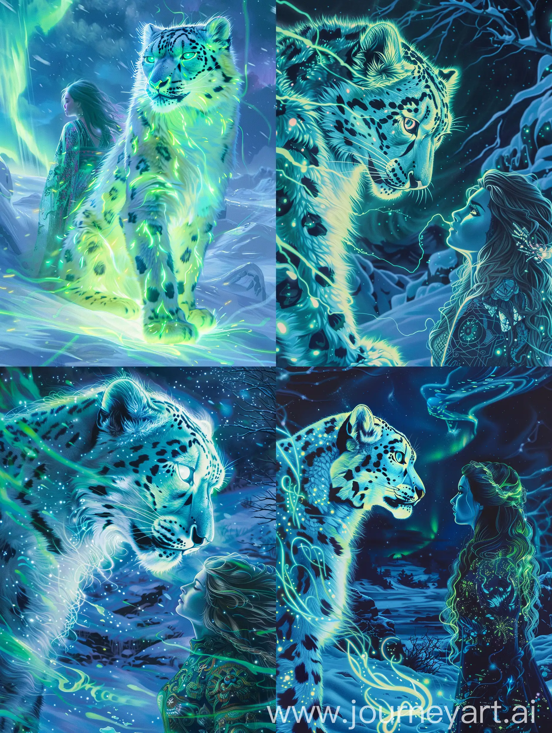 A mesmerizing, vibrant painting of a bioluminescent snow leopard and a woman illuminated by an ethereal, aurora borealis-inspired glow. Set against a stark winter landscape, the volumetric lighting casts an Art Nouveau-style ambiance. The snow leopard's glowing fur shines brightly, while the woman's hair and dress emit a soft, pulsating light. The overall effect is cinematic and captivating, with a dreamlike atmosphere and a touch of whimsy., cinematic, illustration, painting, vibrant