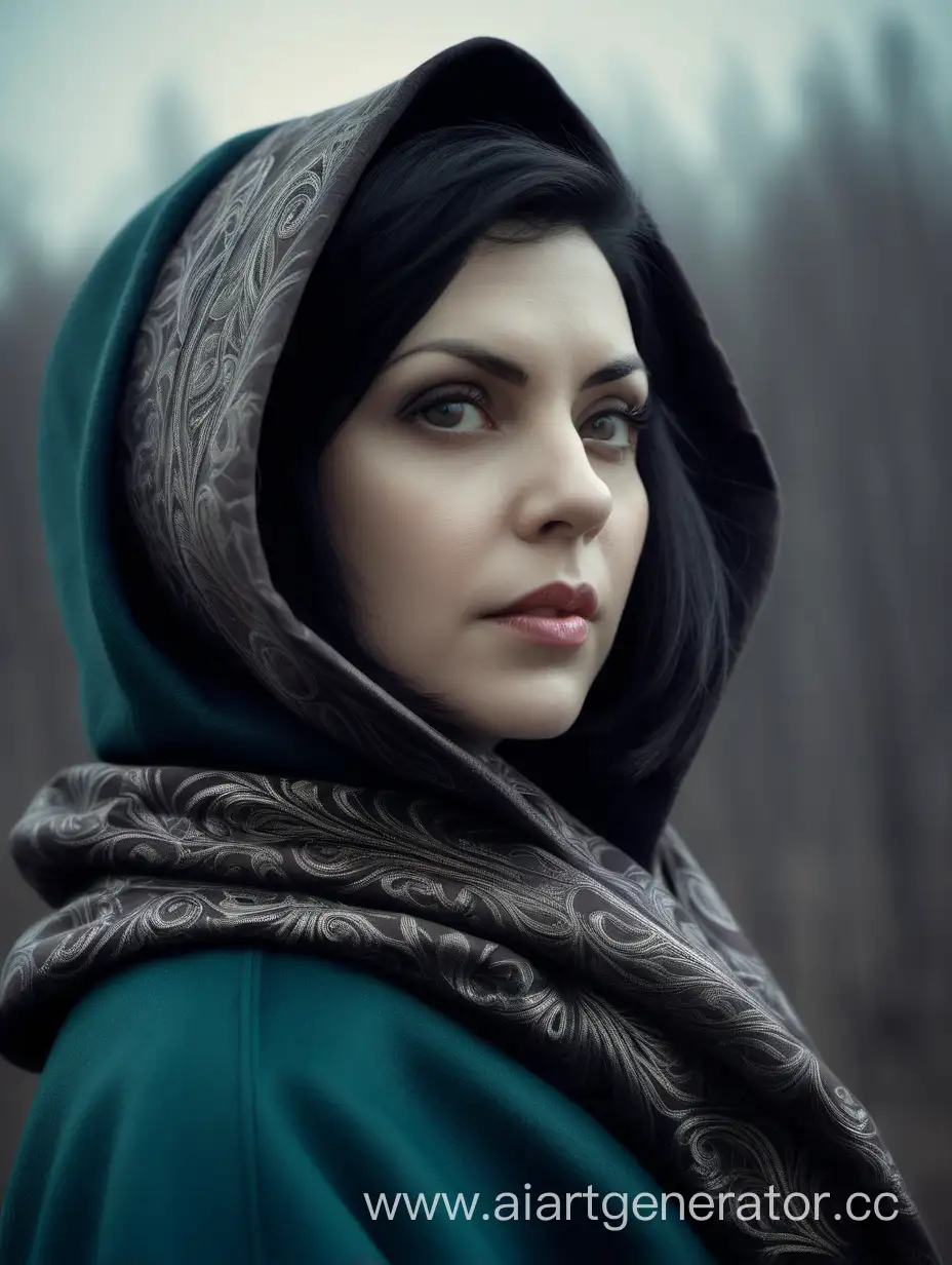 Eireen Regine, короткие тёмные волосы, смотрит вдаль, пальто цвета маренго, павловопосадский платок, капюшон