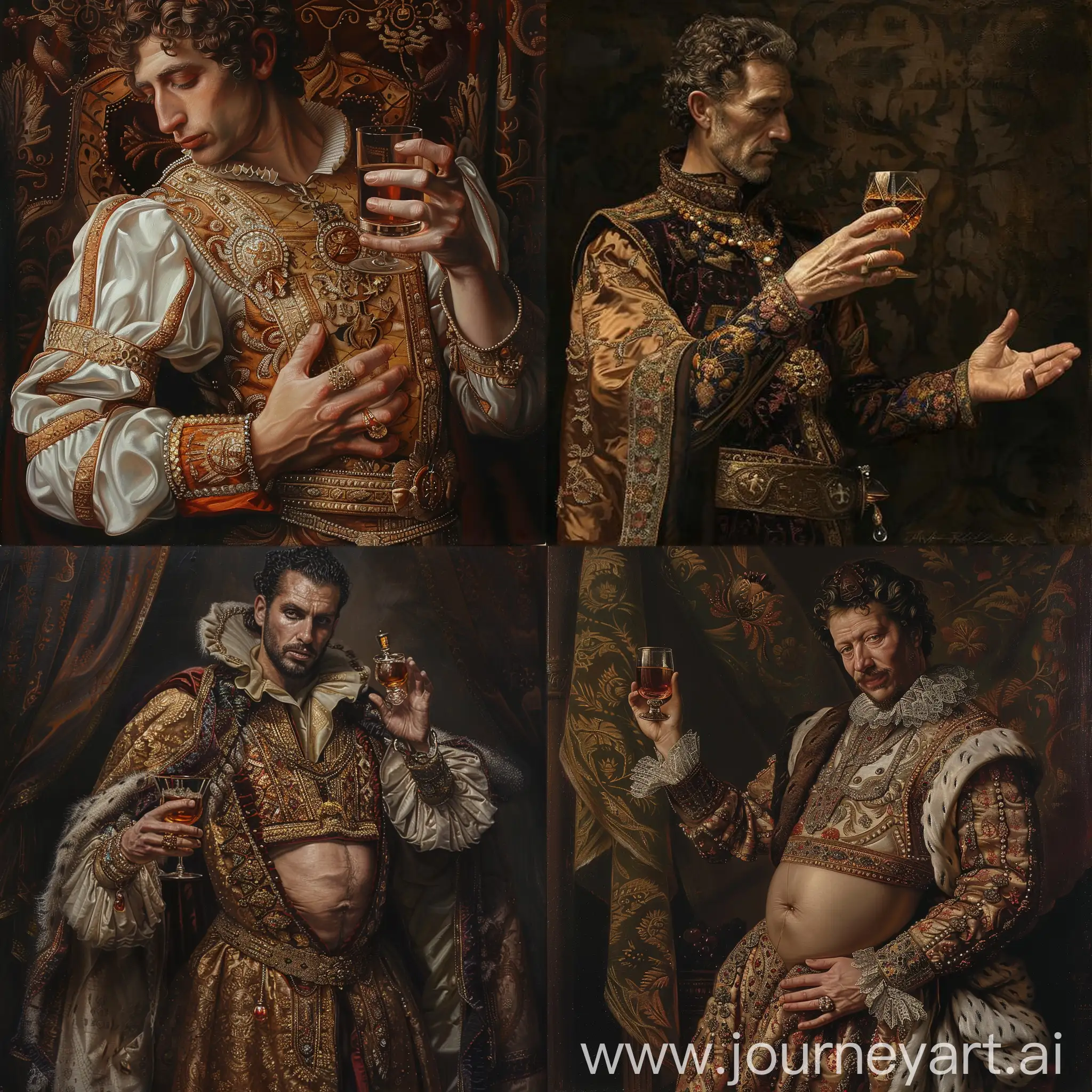The king in ancient ornate, exquisite clothes, holds out his hand with a glass of cognac, the other hand is pressed to the center of his stomach, Arthur Rekham style