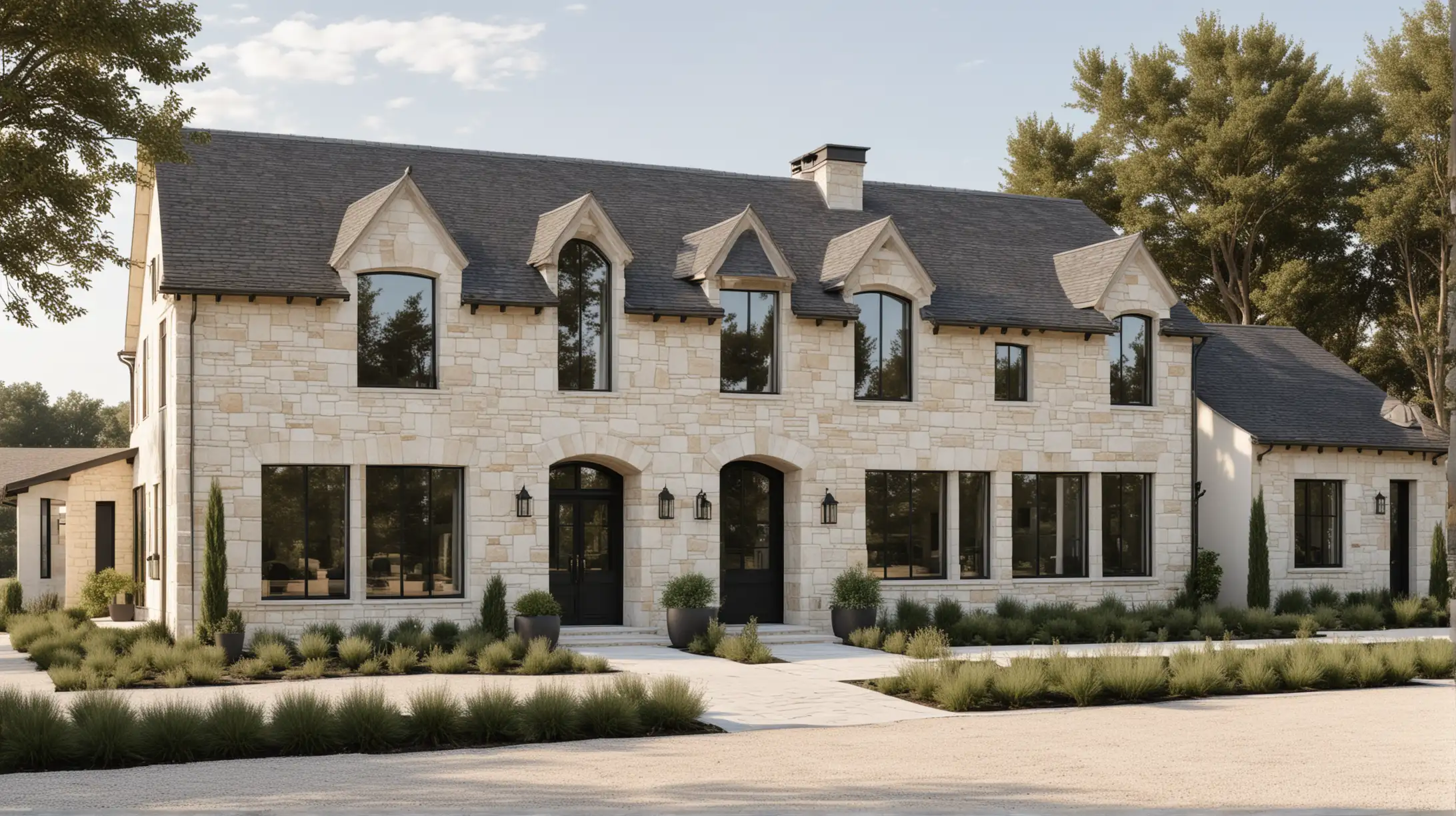 a large modern French farmhouse home that is bright and organic; rendered exterior with black acccents and stone accents


