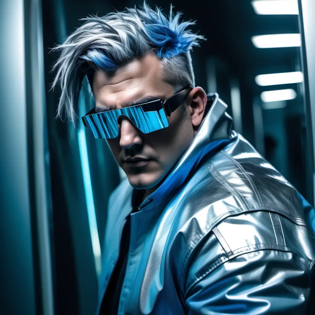 Large and Heavy man, broad shoulders, mid thirties, cyber eyes seen through futuristic reflective mirrorshades. Short wild all over disheveled blue dyed hair. Dressed in gray Urban flash clothing. Clean shaven. Relaxed look.