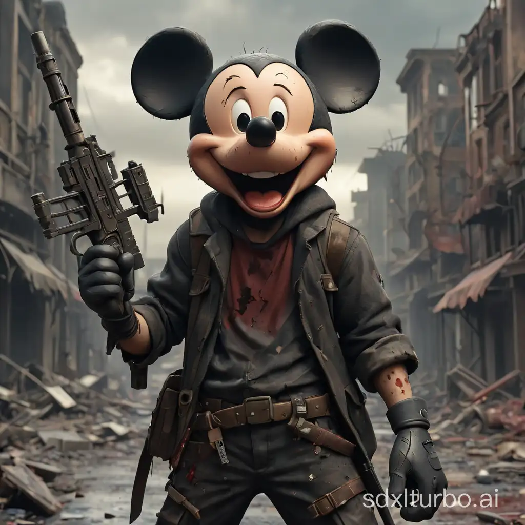 Mickey Mouse during apocalypse. Dark, Gritty, horror, broken, evil, bloody, evil smile, (((weapon in hand))), dystopian background, destroyed city in background.