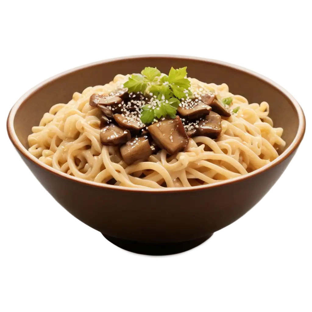 noodles in a bowl with mushroom pieces