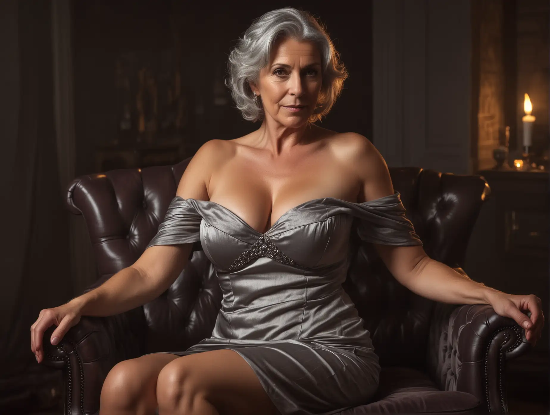 sultry grey haired mature woman sitting in a chesterfield, with her dress slipping off her shoulders to show large naked breasts, lit by firelight