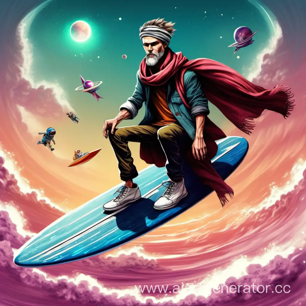 Skinny grown-up guy, short haircut, scarf on his head, fantasy rebel outfit, riding a flying space surf