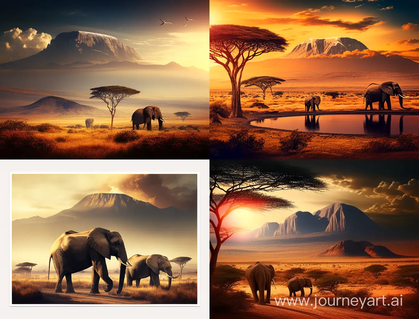 mount kenya with elephants and a warm glowing savannah sun and landscape