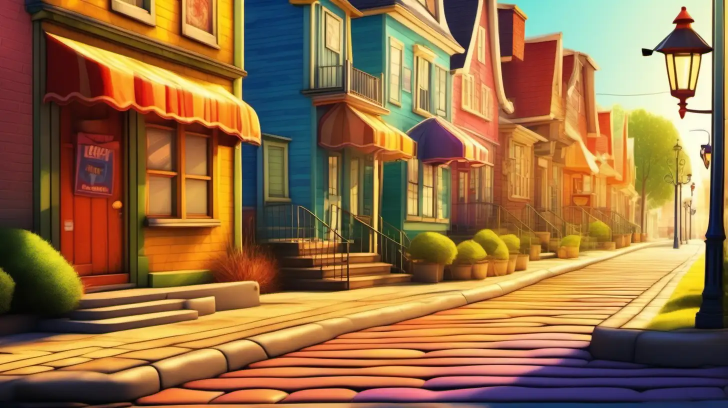 in cartoon style, an up close image of a side walk in beautiful very small town, similar to a Loony Tunes cartoon, with a lot of warm sunlight with vivid colors and lively details, ultra hd, vivid colors, highly detailed, perfect light