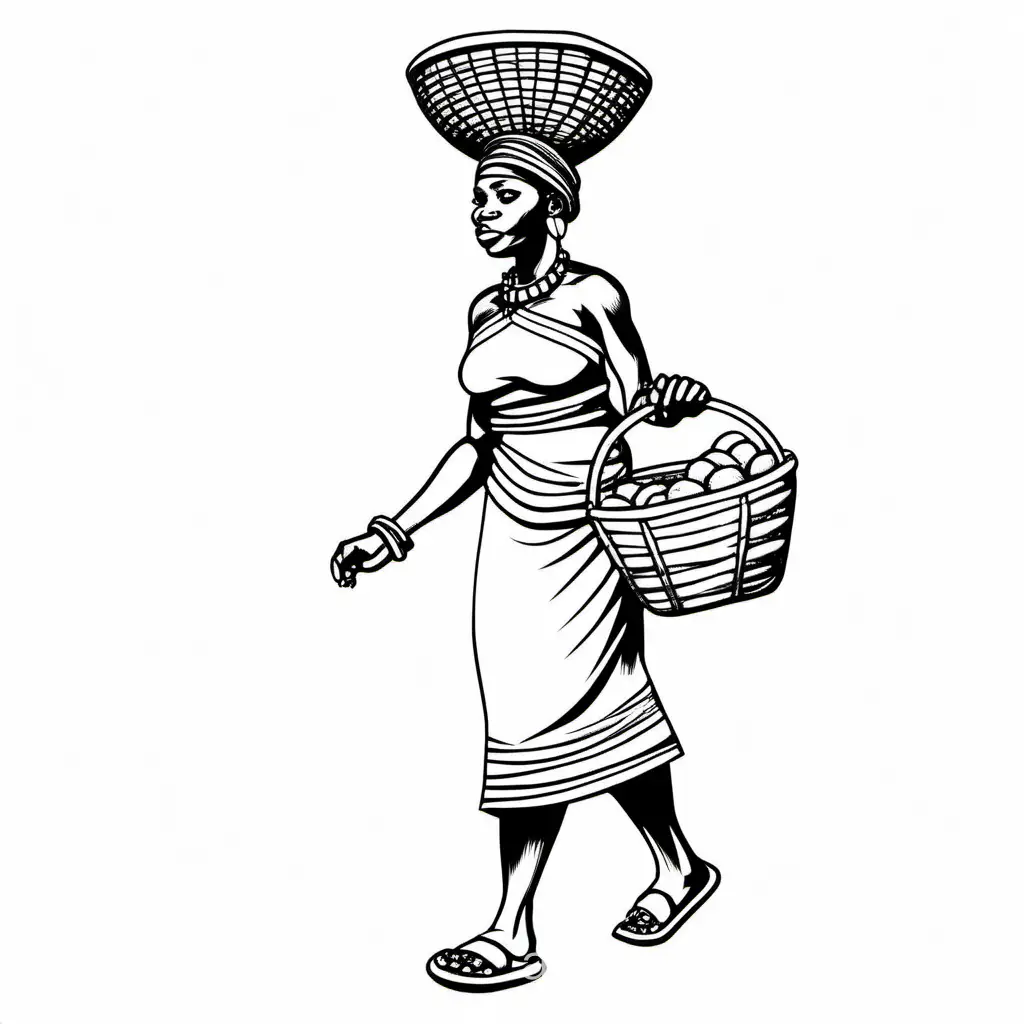 a Zulu woman walking with a basket worn on her head, Coloring Page, black and white, line art, white background, Simplicity, Ample White Space. The background of the coloring page is plain white to make it easy for young children to color within the lines. The outlines of all the subjects are easy to distinguish, making it simple for kids to color without too much difficulty