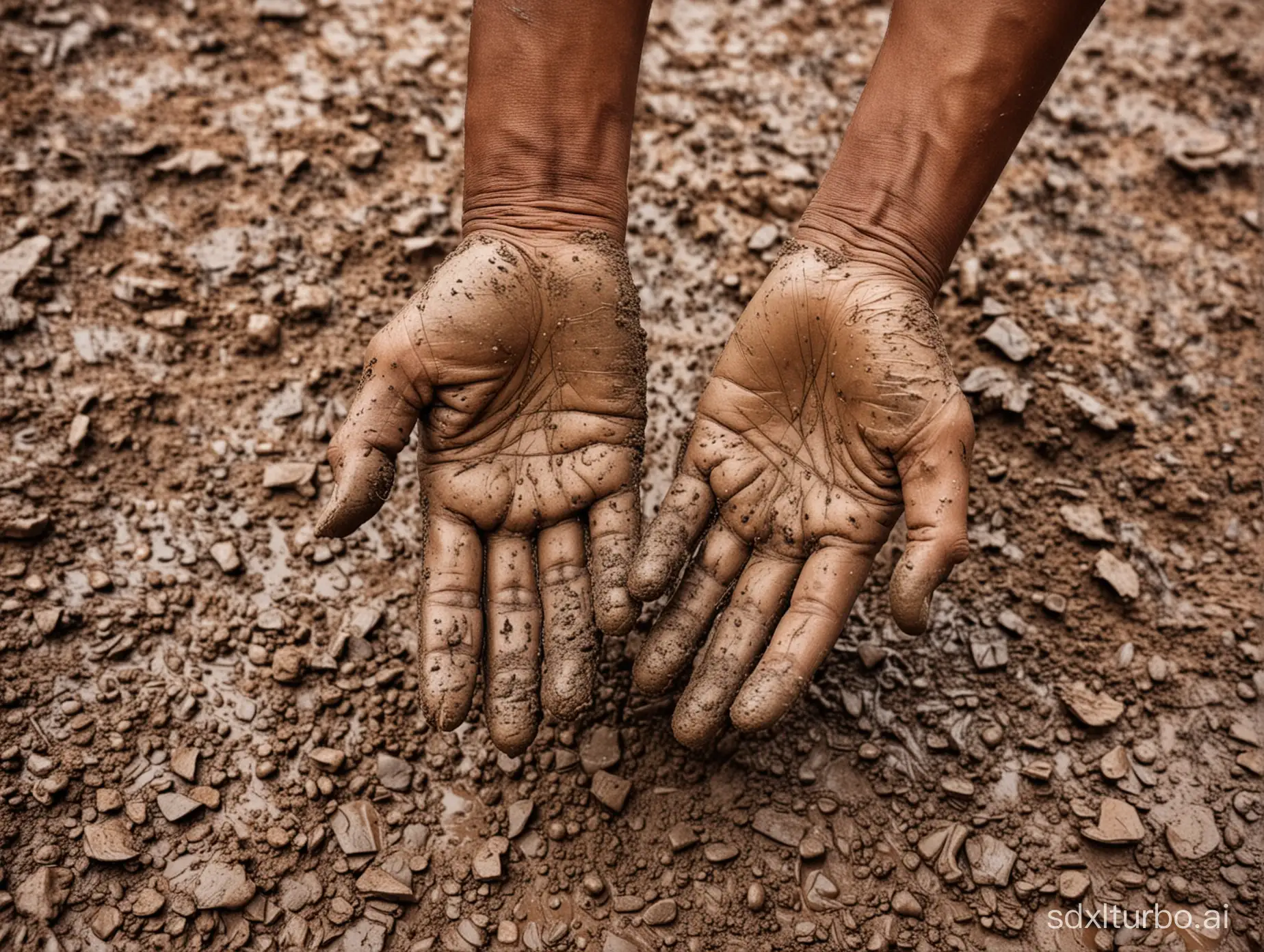 Close up shot of Indian farmer's right 
hand with mud.