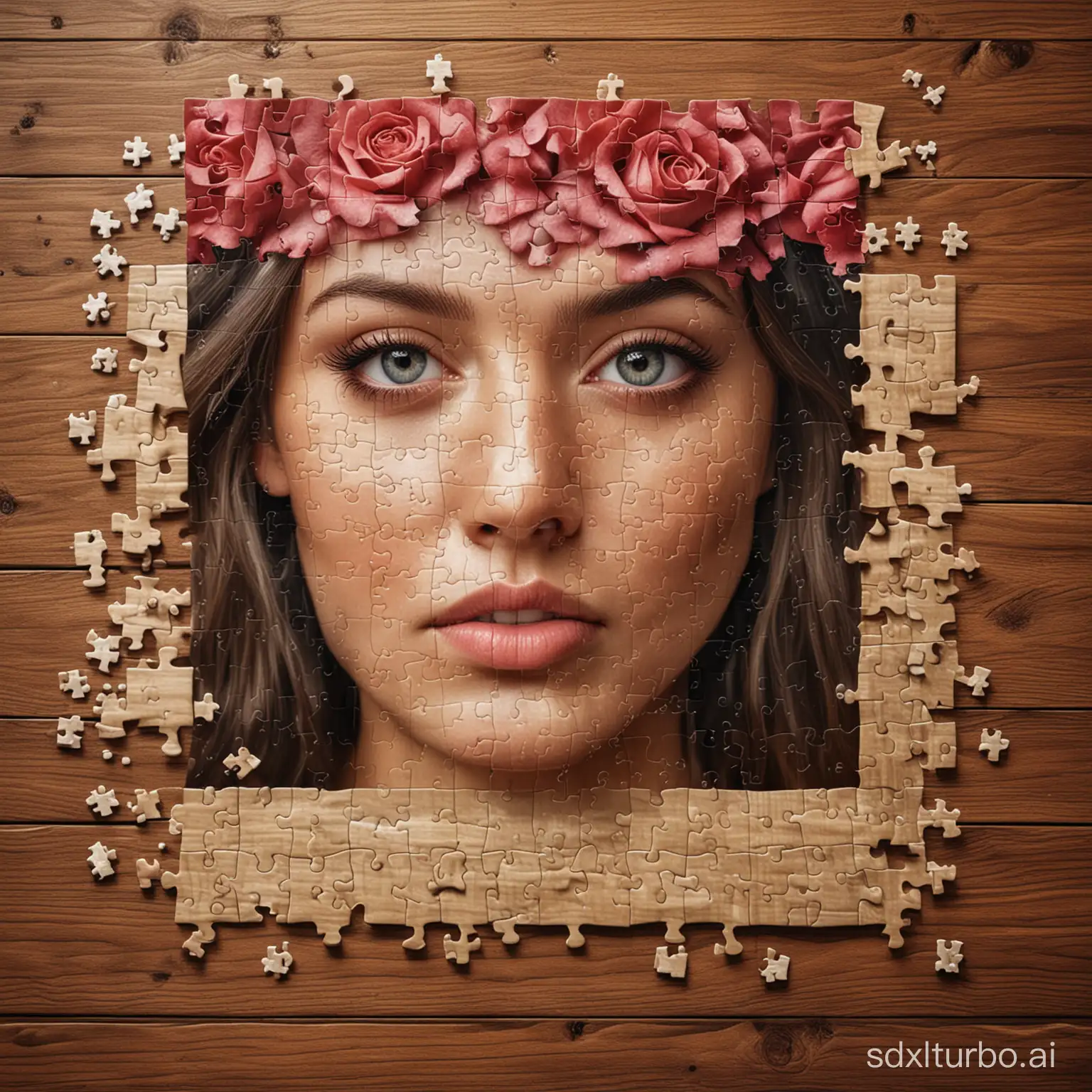 Puzzle with a beautiful woman's face, on a wooden table, photorealistic picture inspired by Michael Komark, hyperrealistic photography], realistic picture of a cute girl, pixels, puzzle studded with rose leaves, amazing art, hyperrealistic, professional photography], puzzle