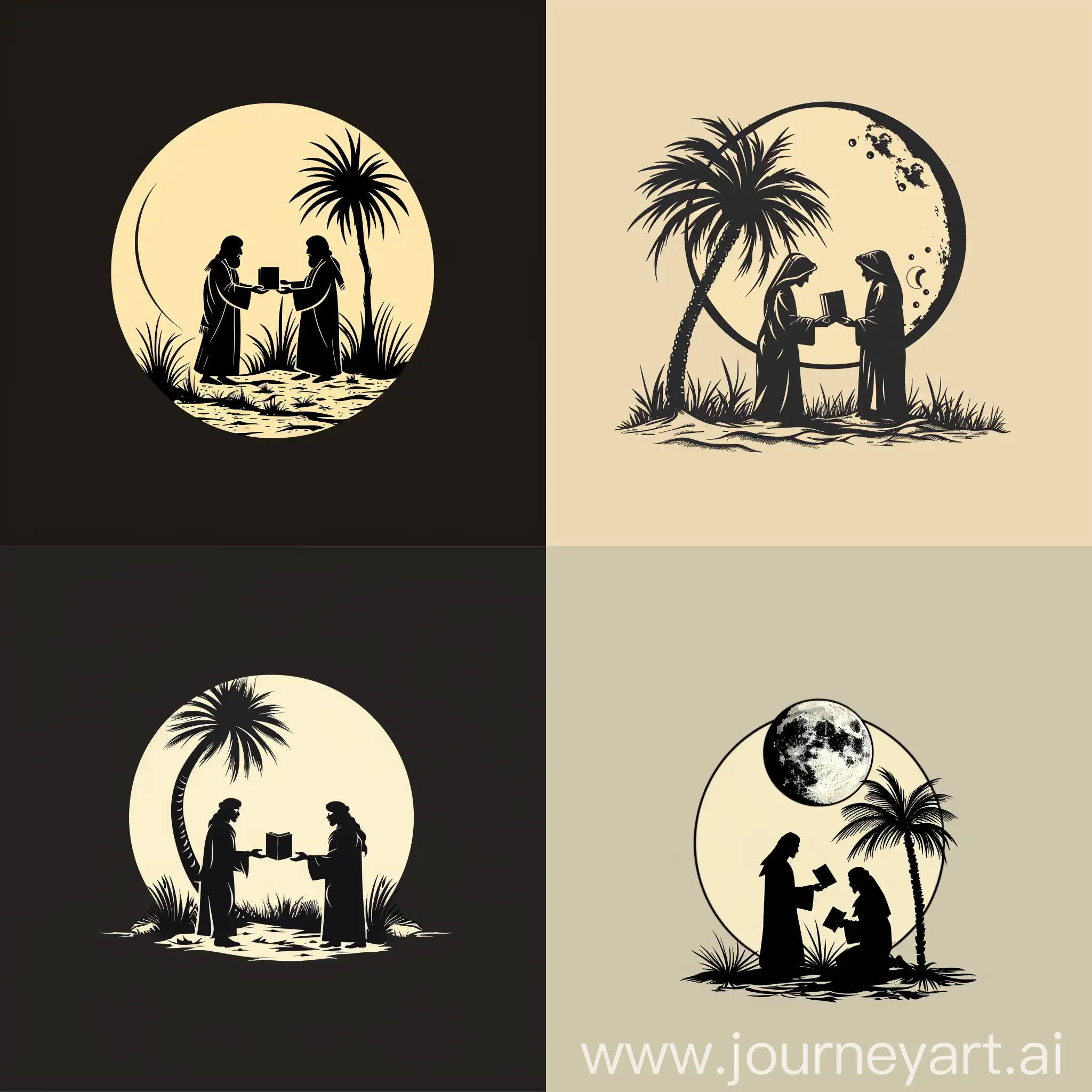 a very simple logo of two Bedouin
men exchanging books under a palm tree in a oasis that has some grass with the big full moon behind, make the two men and palm tree black and the color the oasis ground and moon