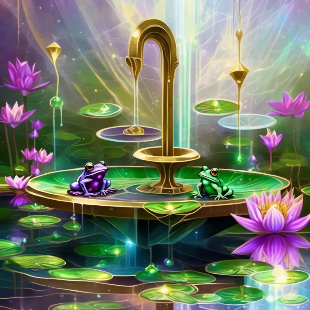 2 small holographic frogs swimming in the pond in the fountain overflowing green purple liquid abundance. Gold B lily pad coins. Sacred geometry sun rays. 'Crystal perfect cubes'. Crystal lotus 'diamond shape ethereum flowers'. Simple brush painting Renaissance style