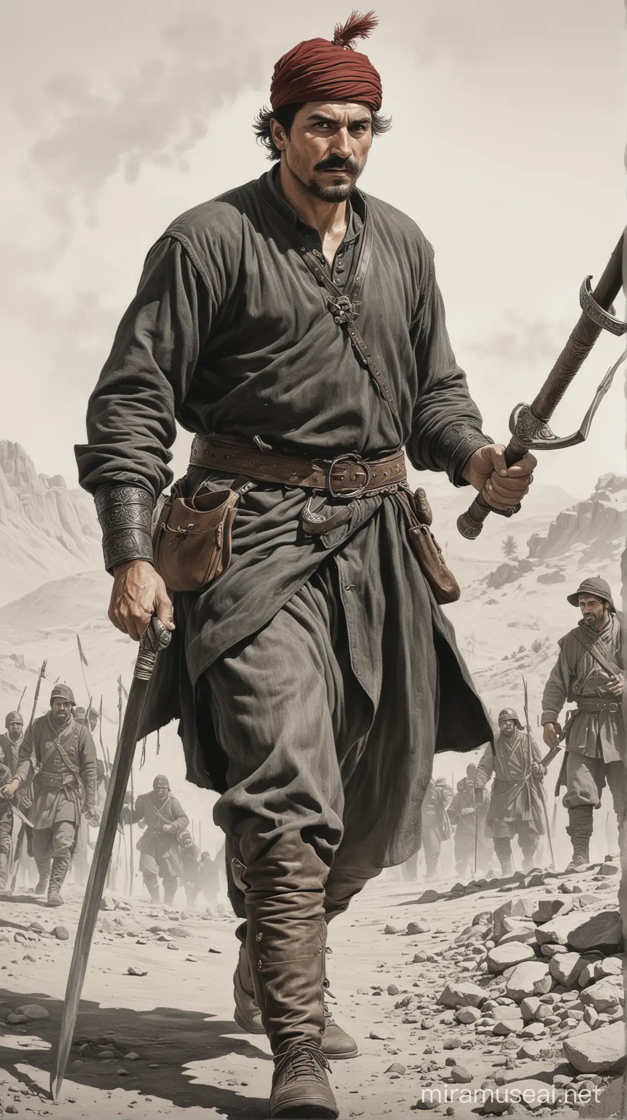 Short and stout. A drawing depicting Gürbüz Alp's brave memories as he advances through enemy lines wielding his mace.
