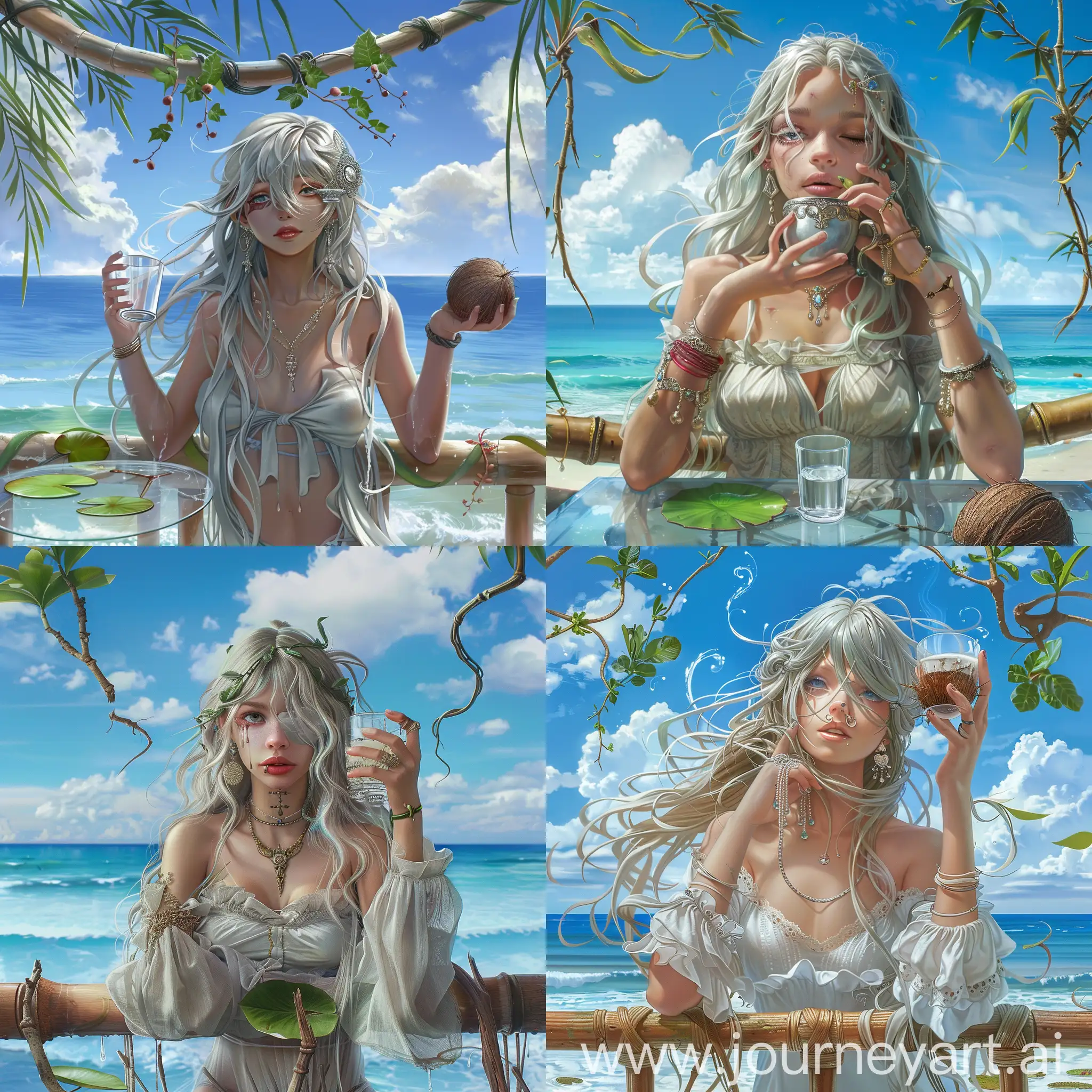 1girl, bamboo beach, blue sky, branchcloud, coconut, copyright name, cup, day, detached sleeves, dress, drinking glass, earrings, hair ornament, hair over one eye, holding, holding cup, horizon, ivy, jewelry, leaf, lily pad, long hair, looking at viewer, ocean, outdoors, palm leaf, palm tree, parted lips, plant, potted plant, railing, silver hair, sitting, sky, solo, table,EPIC REALISTIC, tree, very long hair, vines,water