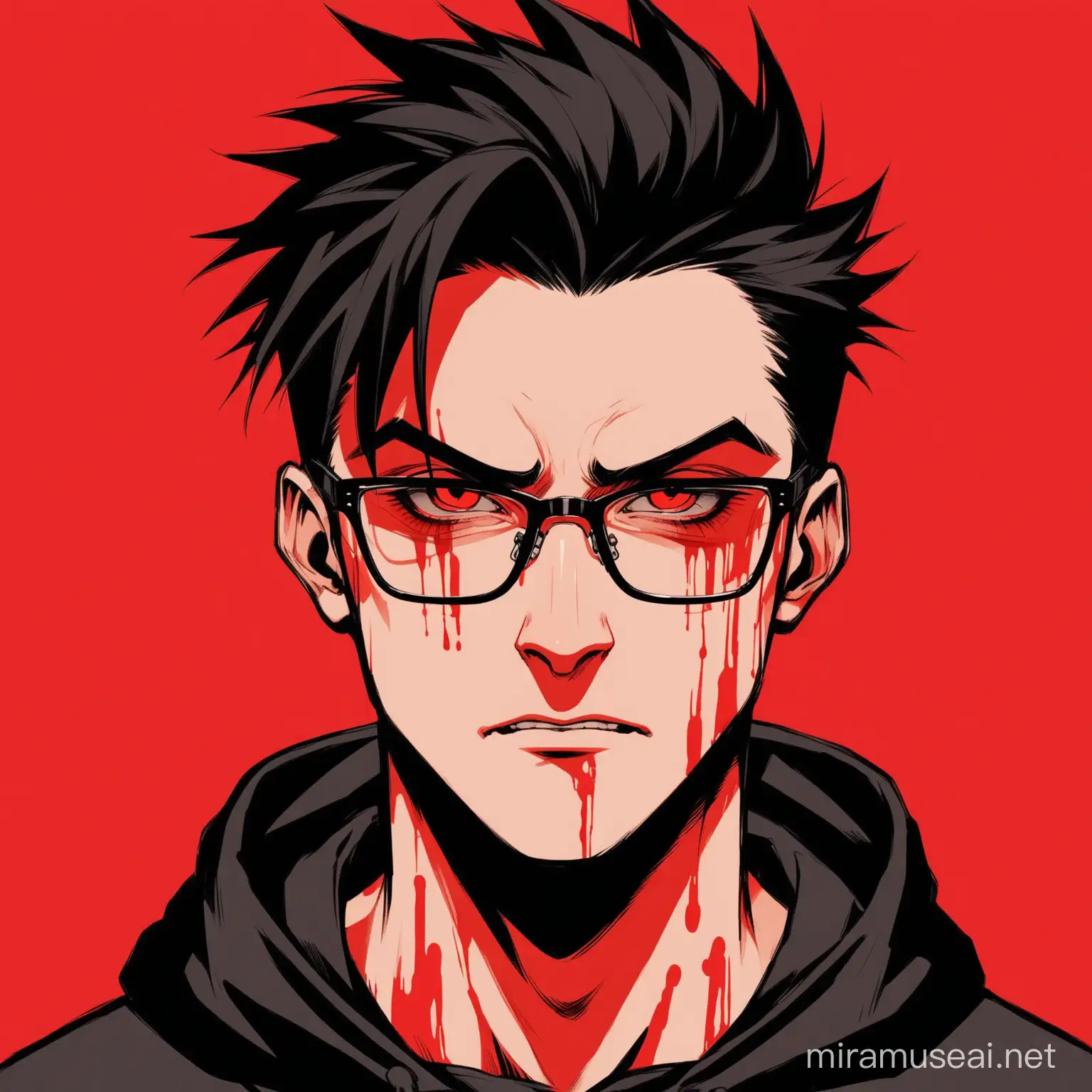 cool,hacker,black hoodie,quiff hairs,glasses,oblong face shape,big nose,small mouth,handsome,aesthetic,psycho,red background,face with blood, killer,evil
