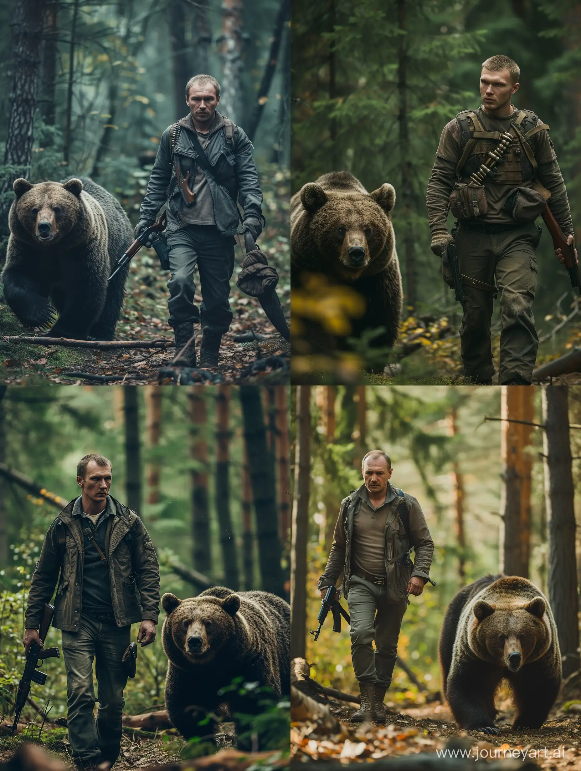 A thin Russian hunter walks through the forest with in hand gun next to a bear, his face is open and looking straight, Canon EOS 6D Mark II, ISO100, 40mm, f/4,5, 2,0c