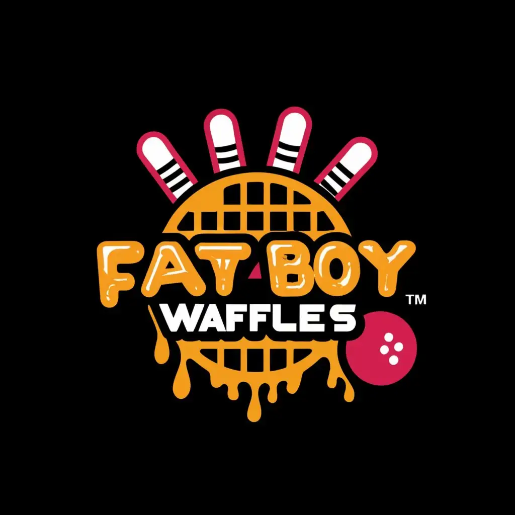 a logo design,with the text "fatboy waffles", main symbol:waffles with hip hop bowling ball bowling pins fat boy black background,Moderate,clear background