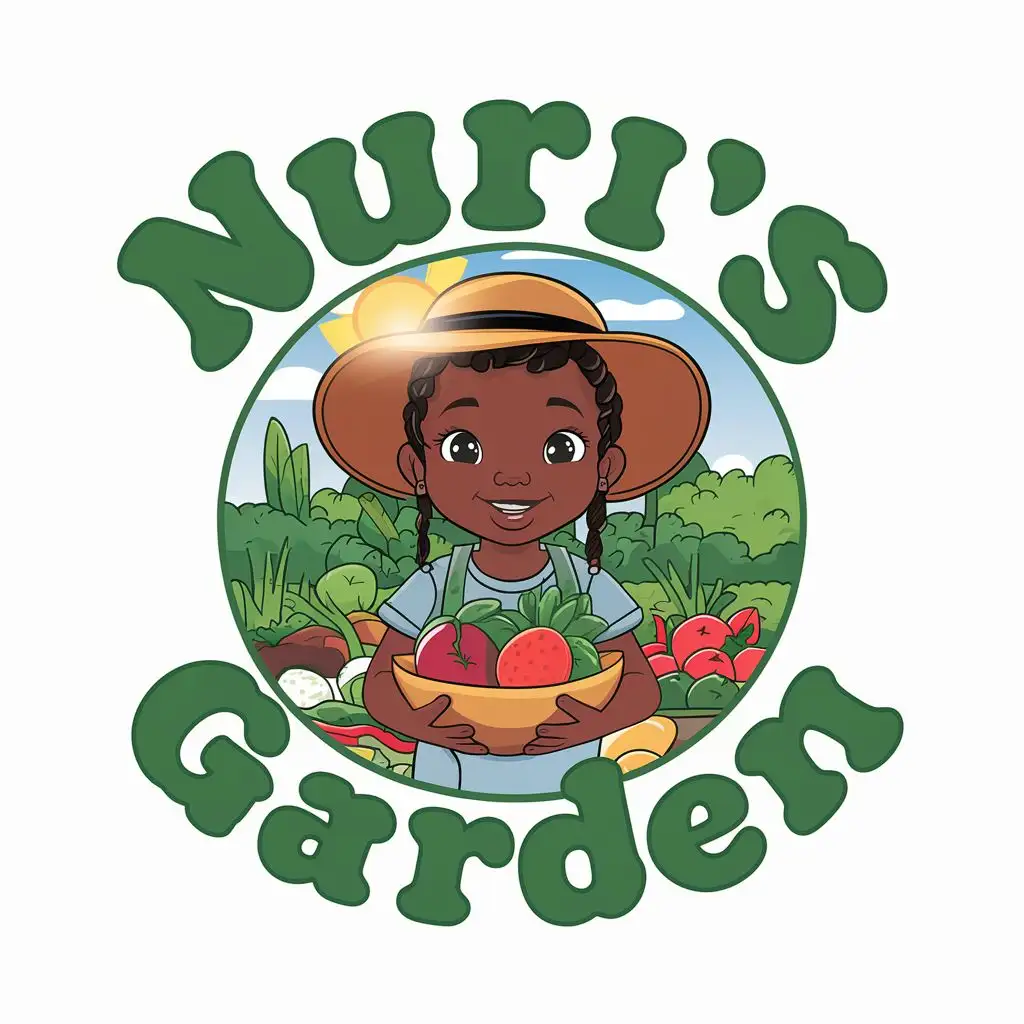 logo, Detailed colorful Image of a adorable Young black girl with hat on , standing In her garden holding a bowl or fresh fruits and veggies with the sun shinning over her head with the words Nuri's Garden in green retro style font, with the text "NURI'S GARDEN", typography
