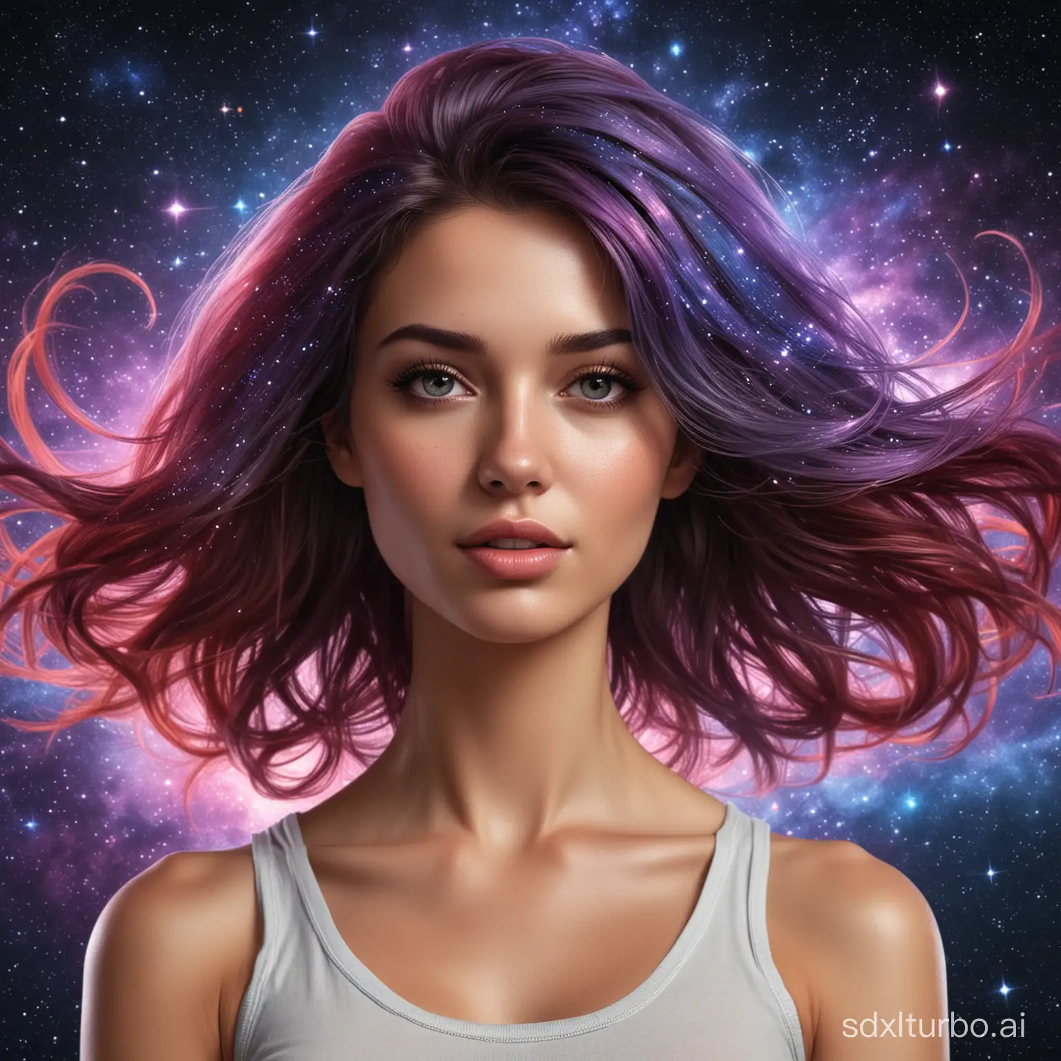 realistic, woman, hair made of galaxy
