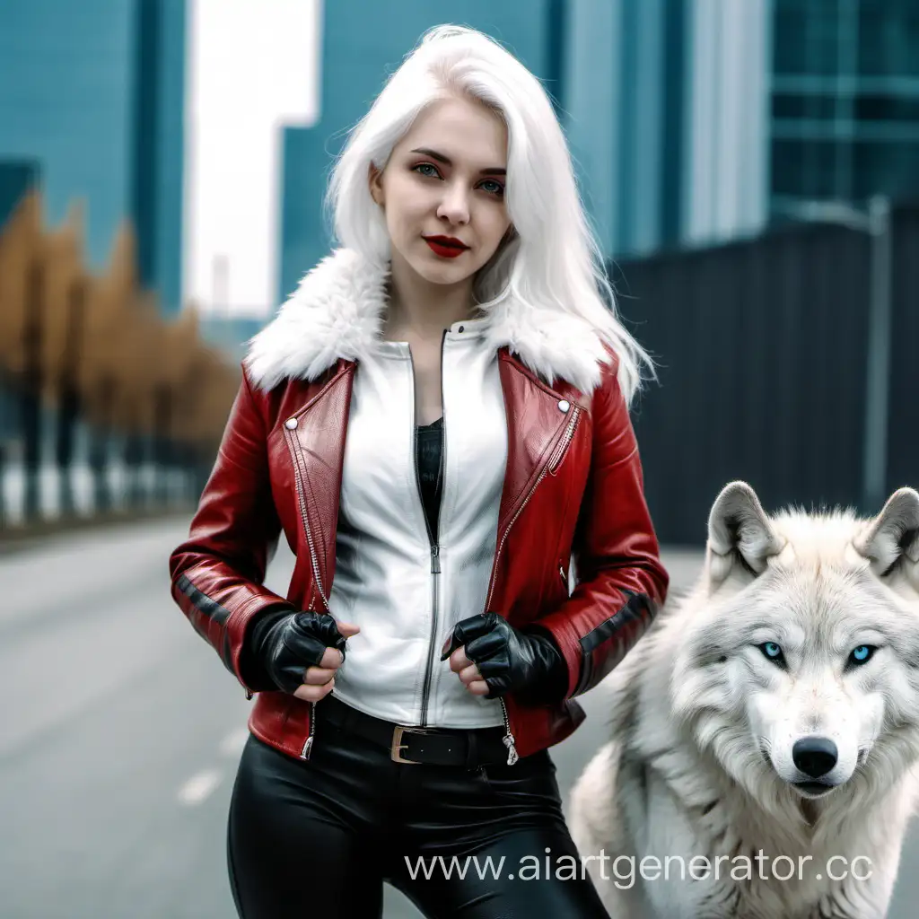 Девушка с белыми волосами в красной дубленке стоит возле белого волка. Город. 