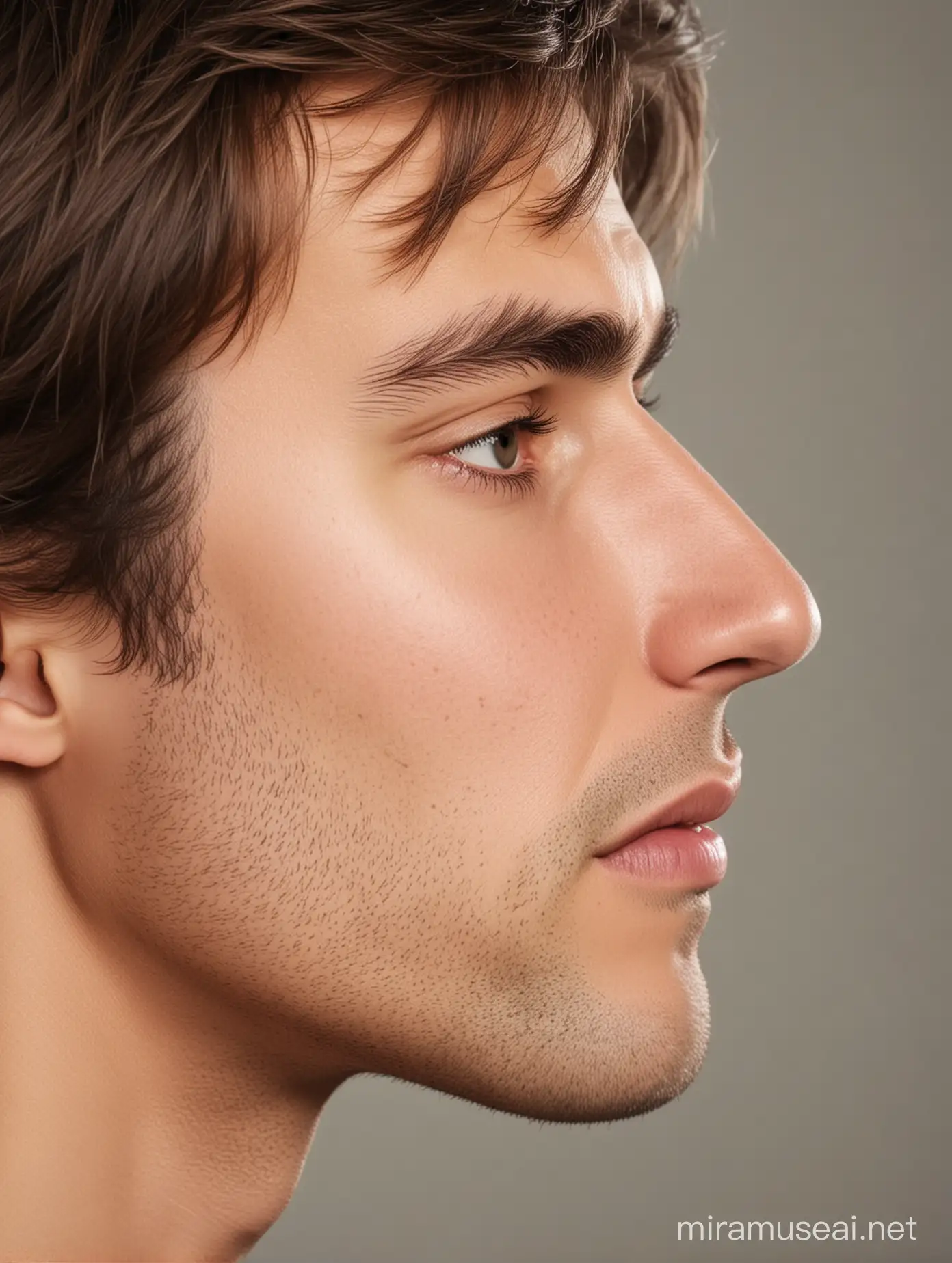 Woman Gazing at Man with Unique Jawline