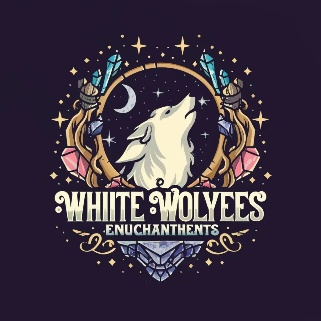 a logo design,with the text "White Wolves Enchaments", main symbol:Wolves crystals moon spells witchcraft mysterious white feathers magic,Moderate,be used in Retail industry,clear background