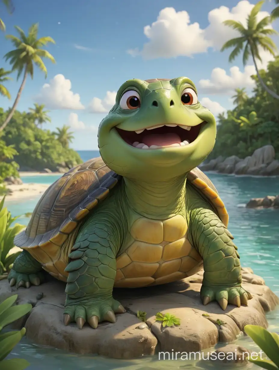a funny cartoon - like smiling wise  turtle, on an island detailed, dreamy