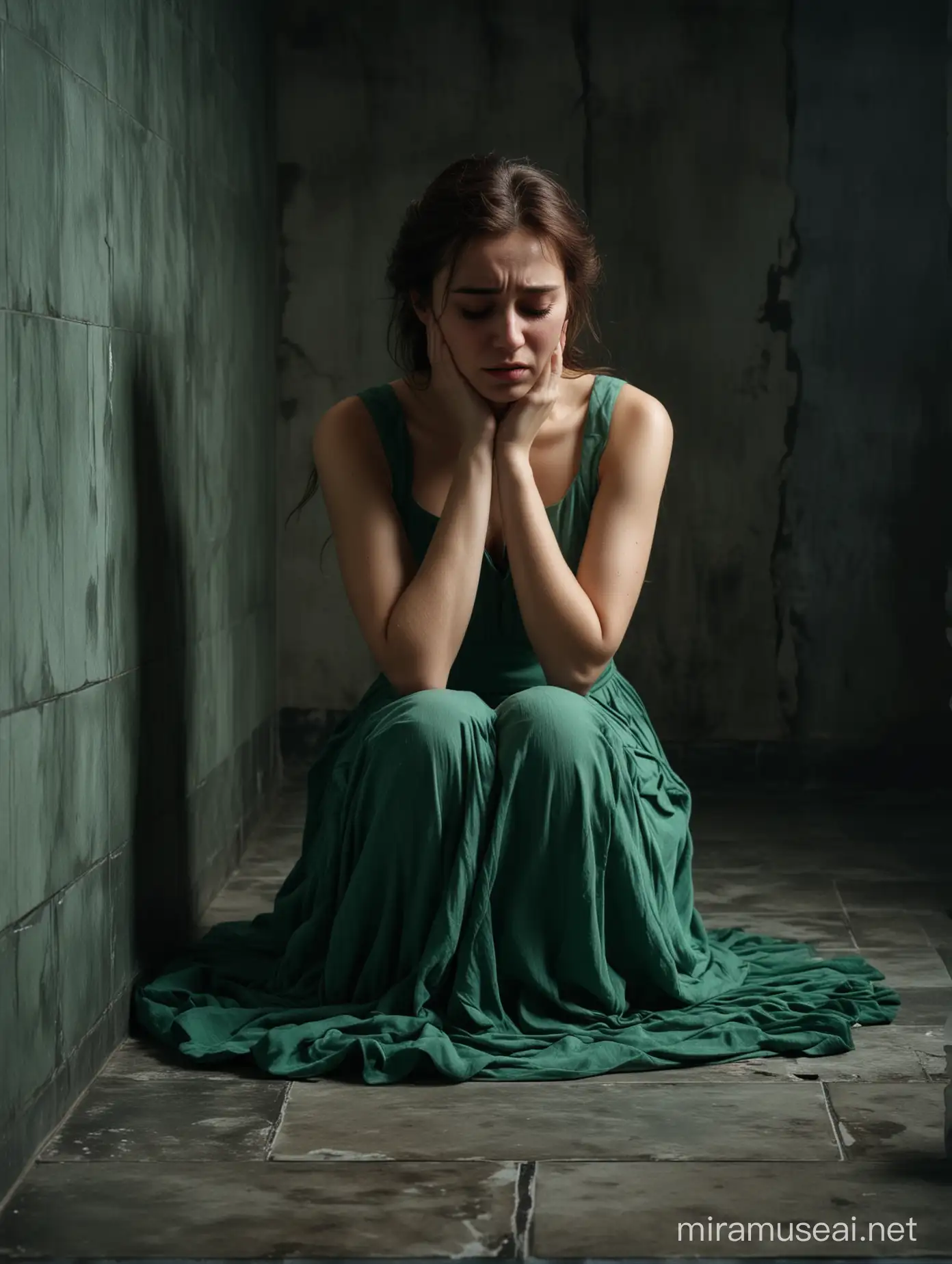 A sad beautiful lady in green dress sitting on the cold tiles in a dark room, crying bitterly