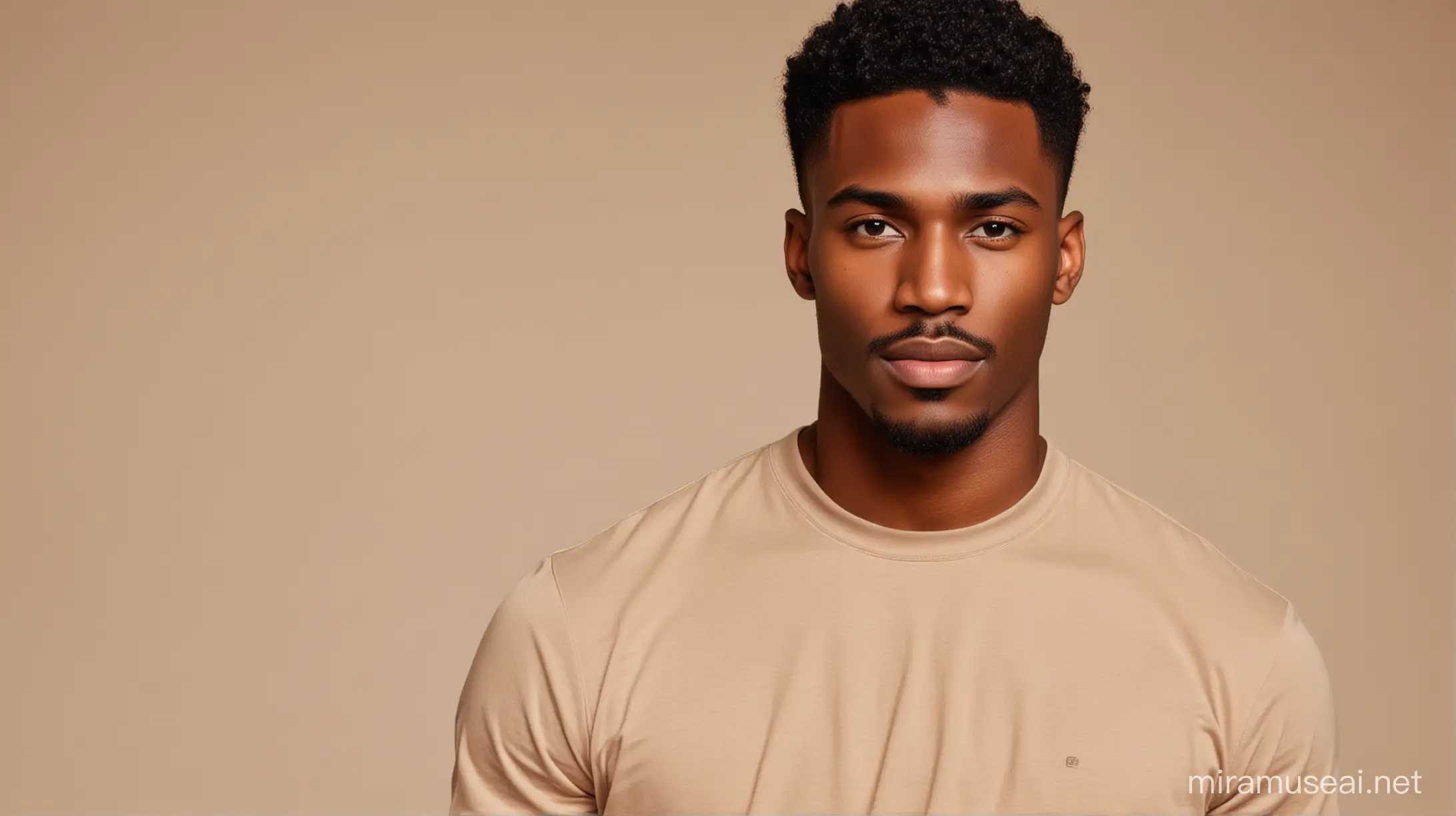 black man model with waves facing the camera with a plain tan t-shirt on