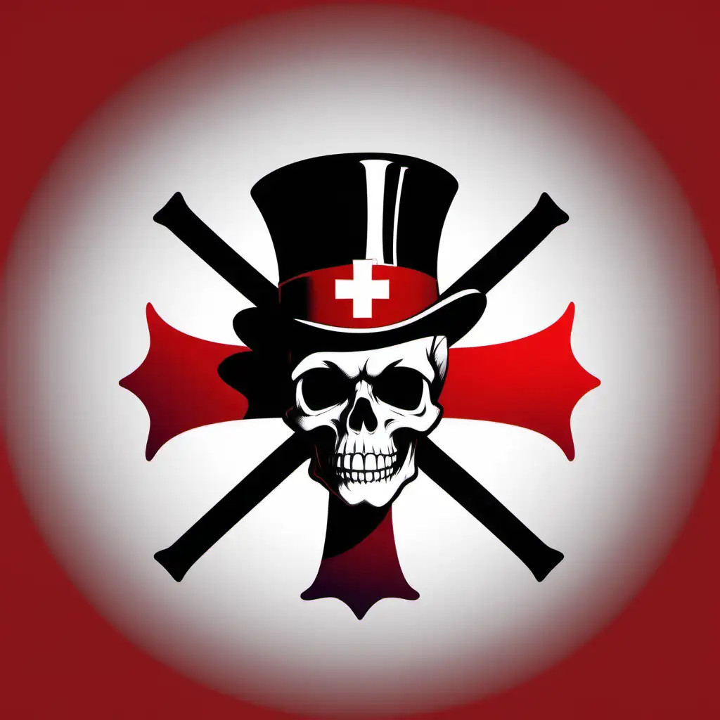 logo, silhouette of basic skull wearing top hat with a small red cross and red band, on a red cross, elegant, simple, clear, sharp, happy, symmetrical, crossed bones